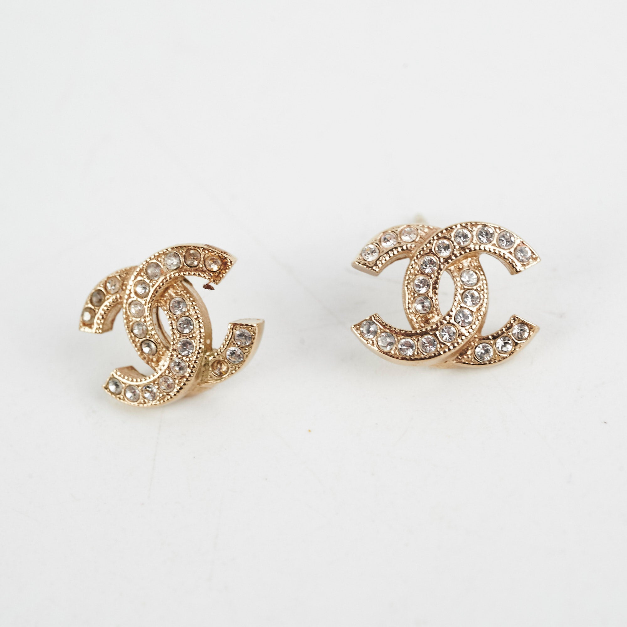 Chanel Mini CC Logo Rhinestone Gold Earrings - Elegant Costume Jewelry for Women - Perfect for Parties, Weddings & Special Occasions