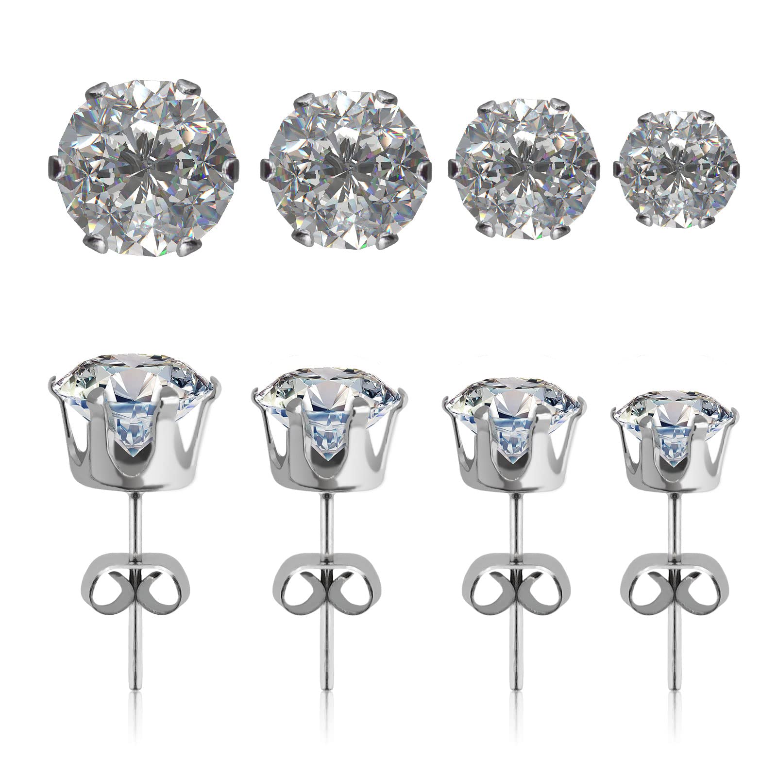 FuninCrea 4 Pairs Diamond Stud Earrings - 925 Sterling Silver Small Cartilage Earrings Set for Women & Men | Round Zirconia Unisex Jewelry | Perfect for Casual Wear, Parties & Gifts