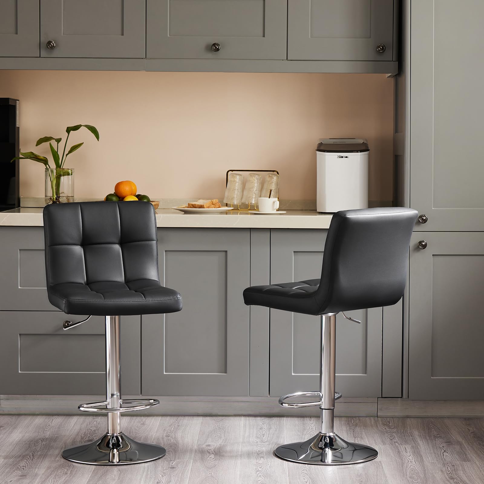 4 Pack Adjustable Swivel Bar Stools - PU Leather Hydraulic Counter Height Kitchen Stools with Thickened Cushion & Back Support, Armless Square Barstools for Kitchen Island, Breakfast Nook & Home Bar