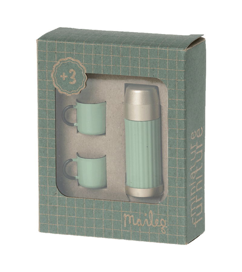 Maileg Miniature Mint Thermos & Cups Set - Adorable Tiny Tea Party Accessories for Dolls, Pretend Play & Kids Collectibles | Perfect for Tea Time, Gift Giving & Imaginative Play