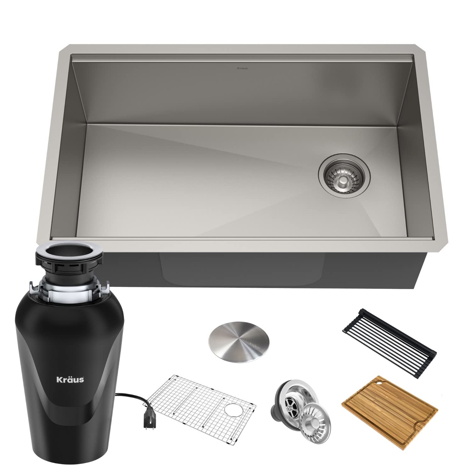 KRAUS Kore™ 30-inch Undermount 16 Gauge Single Bowl Stainless Steel Kitchen Sink with Accessories (5-Pack) & WasteGuard™ Garbage Disposal - Perfect for Modern Kitchens, Dishwashing & Food Prep - KWU110-30-100-75MB