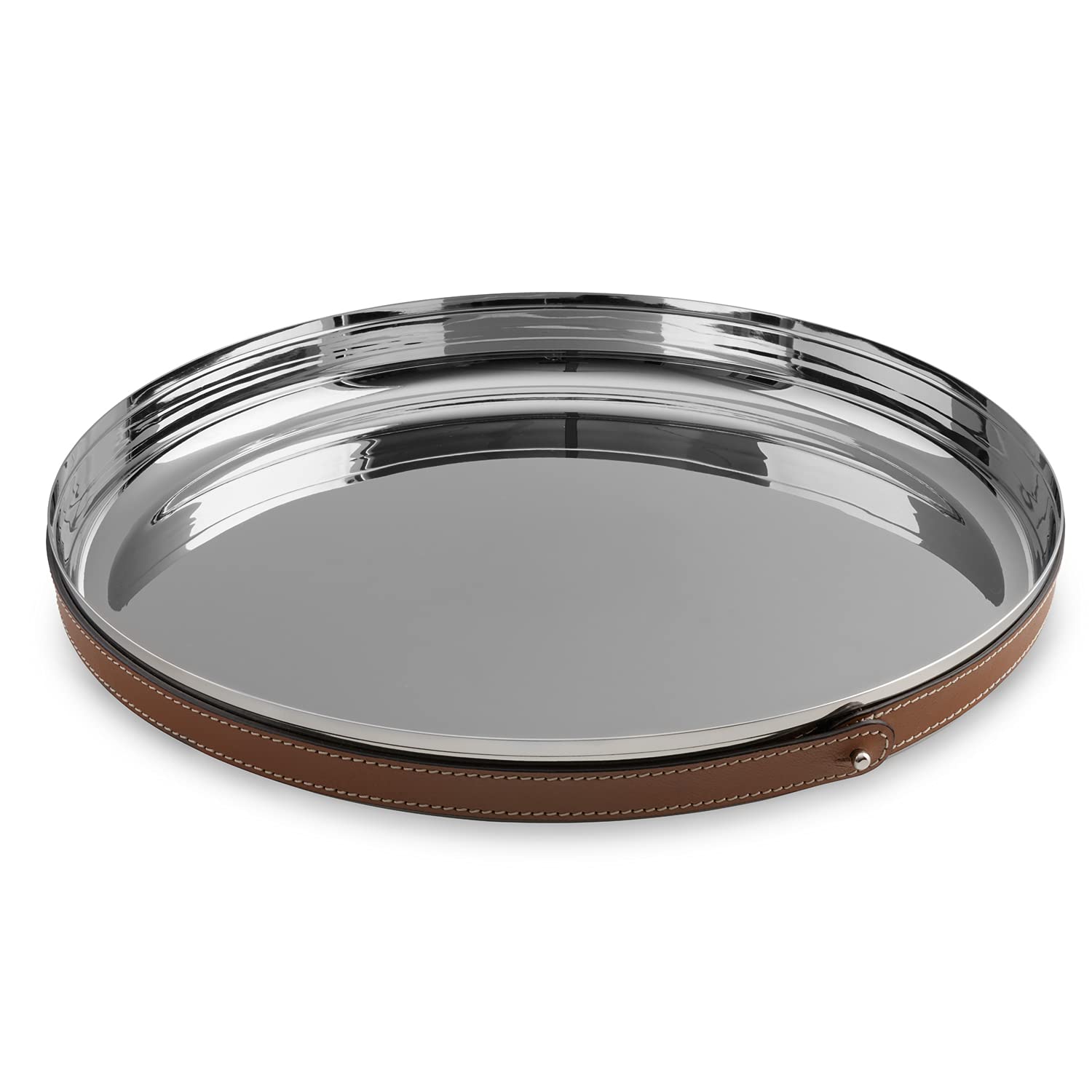 Nambe Tahoe Stainless Steel Bar Tray with Leather Accent - 13 Inch Round Metal Serving Tray with Raised Edges - Elegant Home Decor for Parties, Dining & Living Room Organization