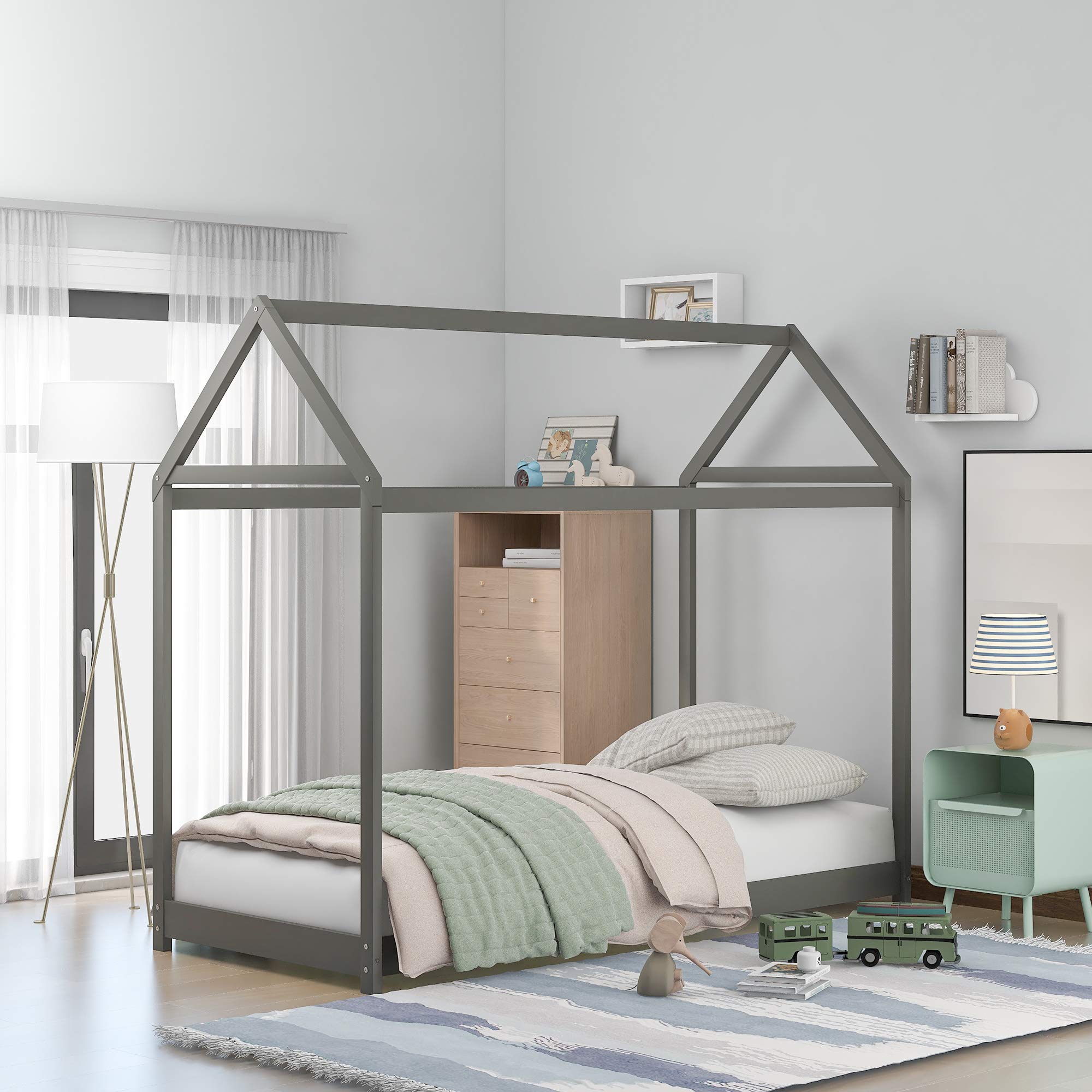 **Sturdy Twin House Bed with Roof & Slat Support - Low Platform Daybed for Toddlers & Teens - Gray Kids Bedroom Furniture - Perfect for Nursery, Playroom & Cozy Bedroom Decor**
