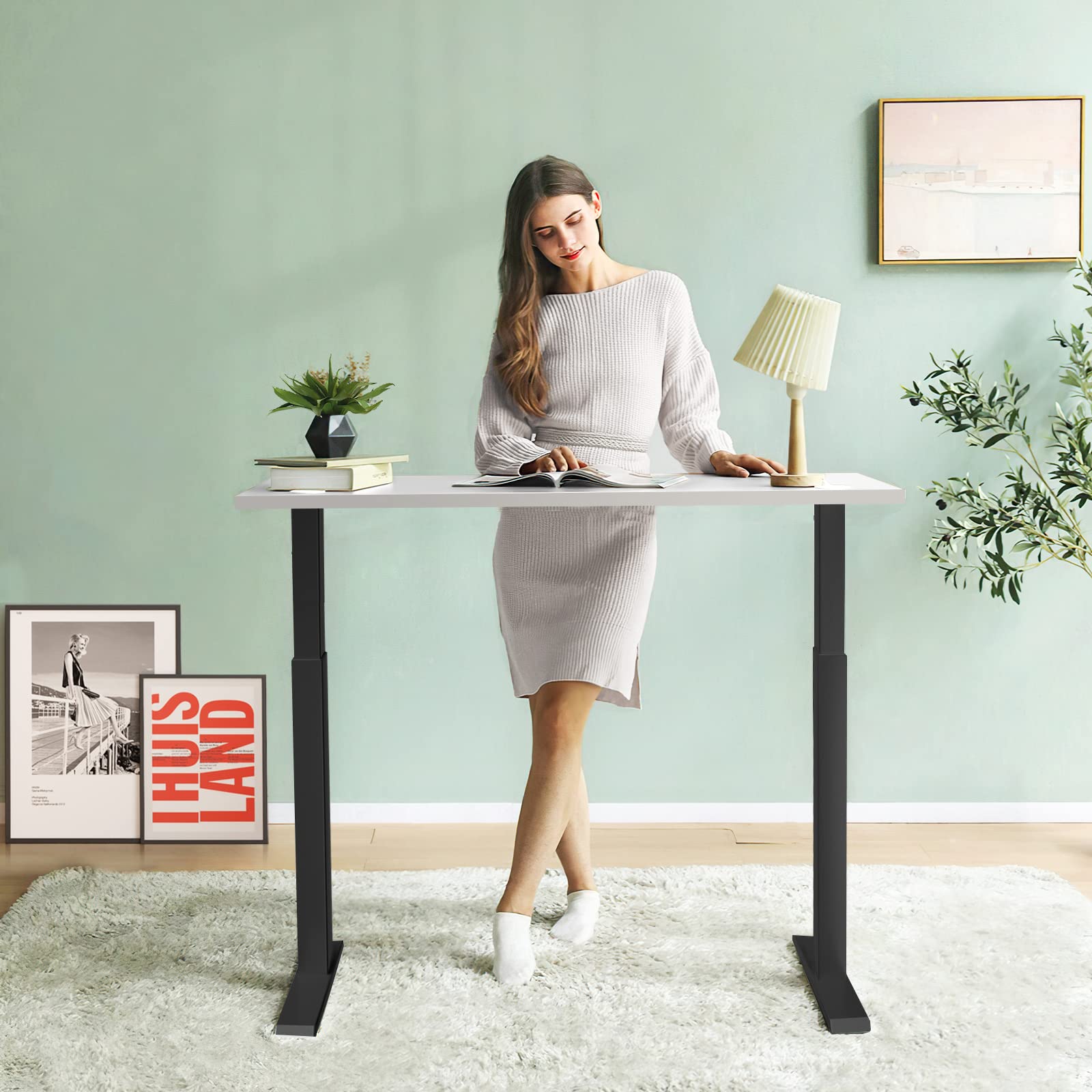 COSTWAY 48 x 24 Inch Adjustable Height Standing Desk - Manual Sit to Stand Workstation with Headphone Hook & Cable Management, Solid One-Piece Table Top for Home Office (Black & White) | Perfect for Remote Work, Gaming & Study Spaces