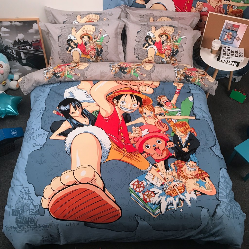 ONE Piece Boys Kawaii Kids Bedding Set - 100% Cotton Duvet Cover, Pillow Cases & Fitted Sheet (4-Piece Full Size) | Soft & Comfortable Teen Bedroom Decor | Perfect for Sleepovers, Dorm Rooms & Cozy Nights