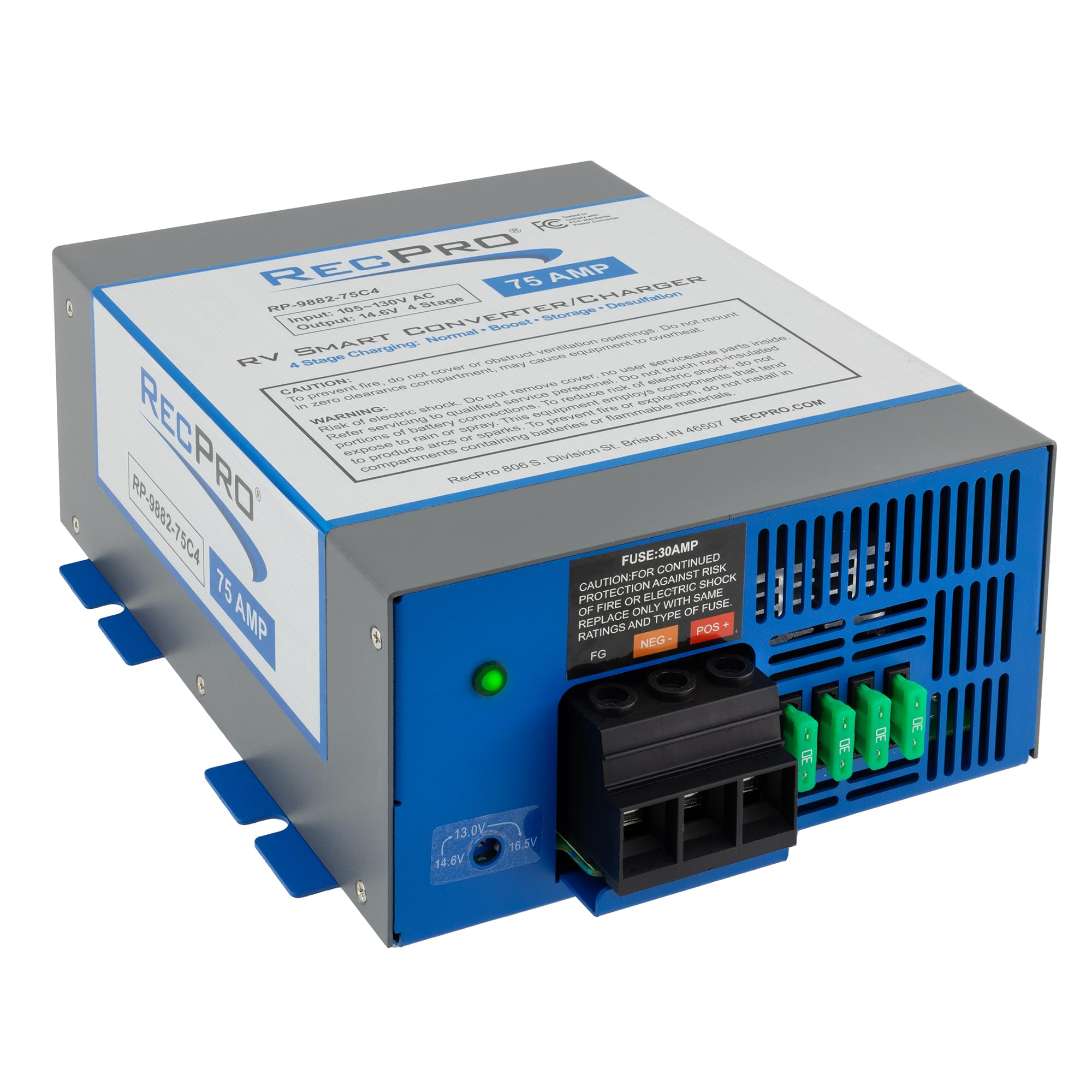 RecPro 75 Amp RV Power Converter & Battery Charger - 4 Stage Smart Charging, 120VAC to 12VDC, 13V-16.5V Operating Range - Perfect for RV, Camper, Travel Trailer & Marine Power Systems