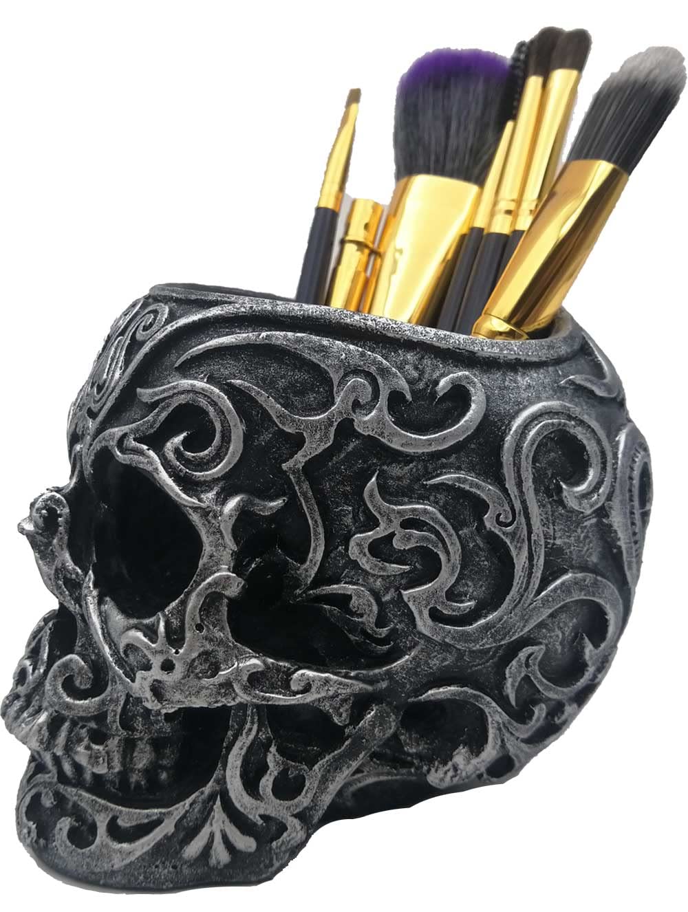 Gothic Skull Makeup Brush Holder & Pen Organizer - Durable Resin Vanity Decor for Home Office Desk, Succulent Planter & Makeup Accessory Storage (Silver) | Perfect for Gothic Decor, Makeup Artists & Dark Aesthetic Lovers