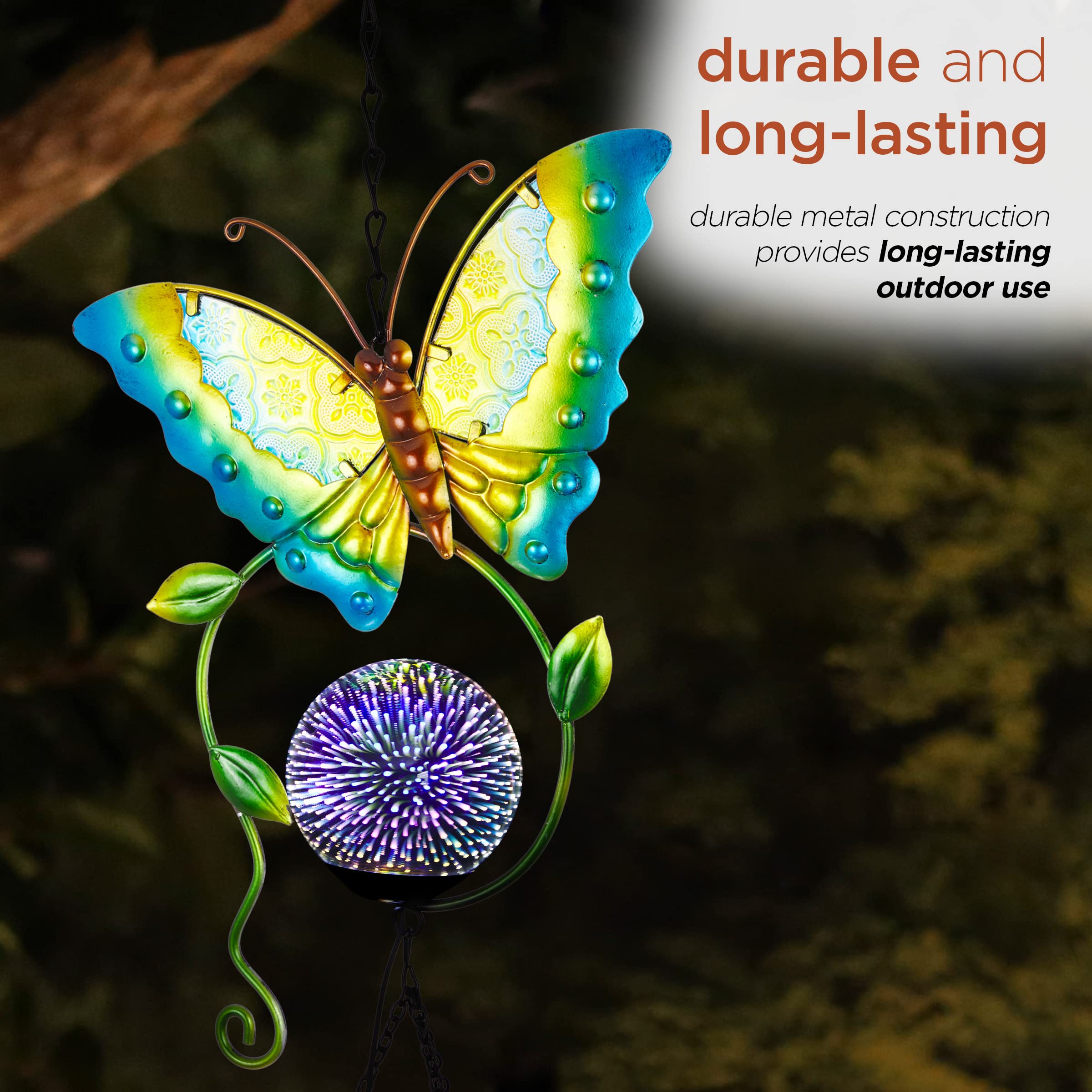 Alpine Corporation 48 Inch Blue Solar-Powered LED Butterfly Metal Wind Chime for Outdoor Garden, Patio, and Backyard Decor - Perfect for Relaxing Ambience and Nighttime Illumination