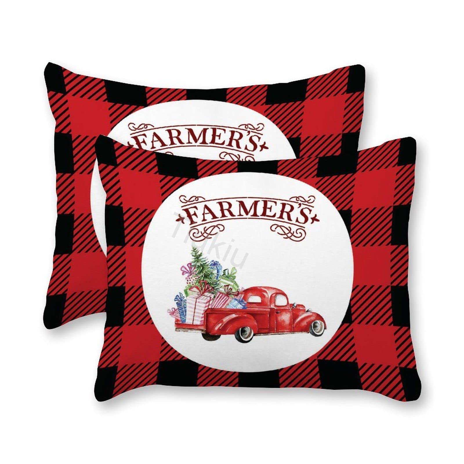 Vintage Red Truck Buffalo Plaid Lumbar Pillow Covers Set of 2 - 50x60 Inch Decorative Canvas Throw Pillow Cases for Couch, Sofa, Bed & Living Room - Farmhouse Home Decor Accent Pillows for Christmas, Rustic Cabin or Cozy Fall Season