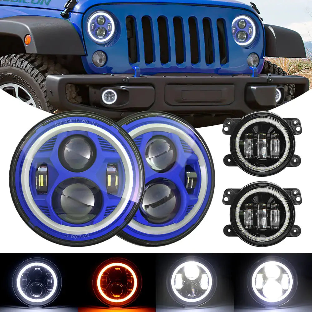 LOYO 7 Halo LED Headlights + 4 Halo LED Fog Lights with DRL & Amber Turn Signal - Compatible with Jeep Wrangler 1997-2017 JK TJ LC CJ - Upgrade Your Off-Road Lighting for Night Driving & Adventure