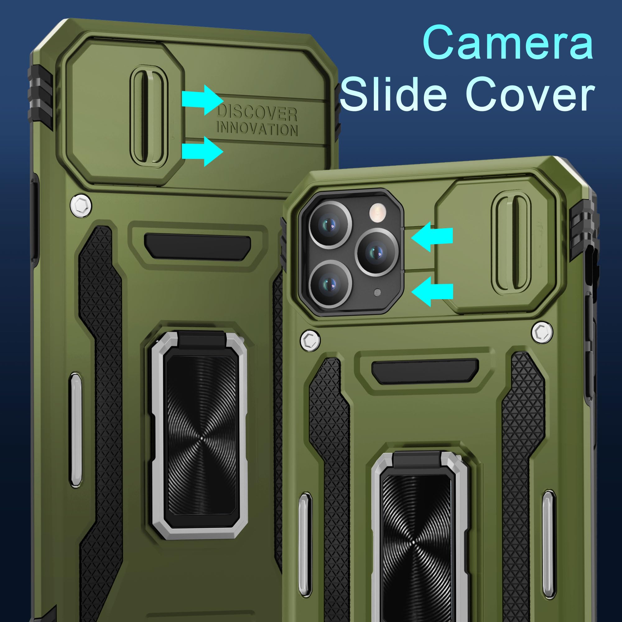 DEERLAMN iPhone 11 Pro Max Case with Slide Camera Cover & Screen Protector (6.5 Inch) - Military Grade Shockproof Protective Cover with Rotating Ring Kickstand in Olive Green | Perfect for Outdoor Activities, Travel & Daily Protection