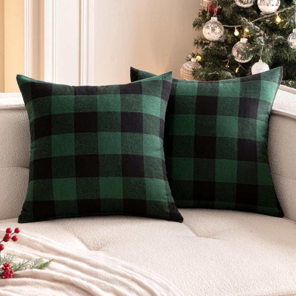 Woaboy 2-Pack Christmas Buffalo Check Throw Pillow Covers - 18x18 Inch Plaid Farmhouse Decorative Pillow Covers, Soft Linen Couch & Sofa Cushion Covers for Living Room, Bedroom - Green and Black - Perfect for Holiday Decor & Cozy Home Styling