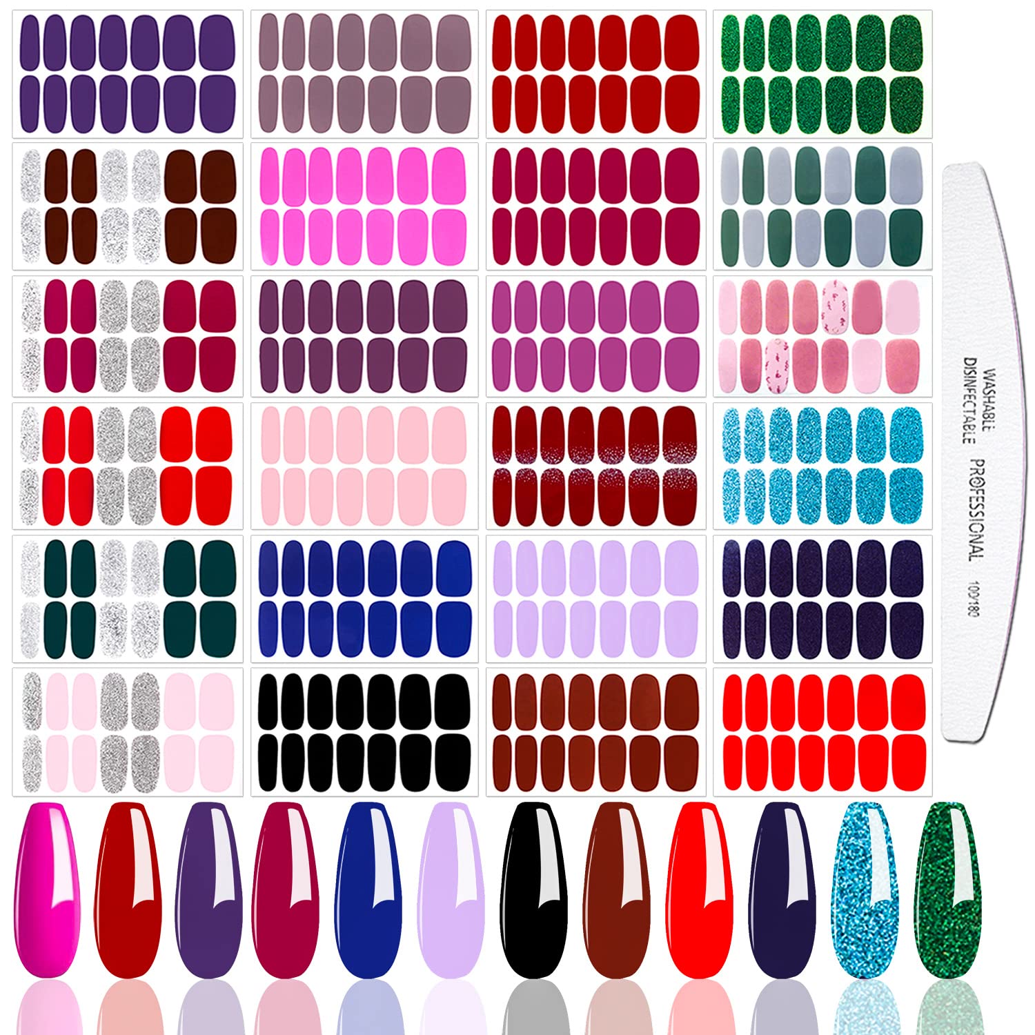 JERCLITY 24 Sheets Glitter Solid Color Nail Polish Strips - Self-Adhesive Nail Wraps with Nail File - Easy Nail Art Stickers for Women - Perfect for Parties, Weddings & Daily Manicures