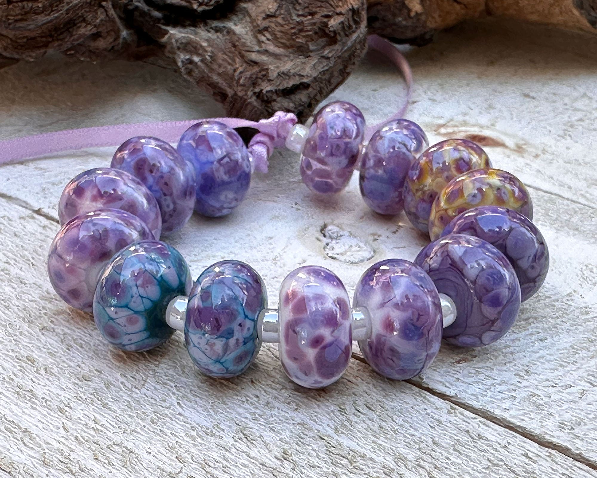 14 Vibrant Purple Mosaic Lampwork Glass Beads Set for Jewelry Making - DIY Bracelet, Necklace & Craft Projects (SRA)