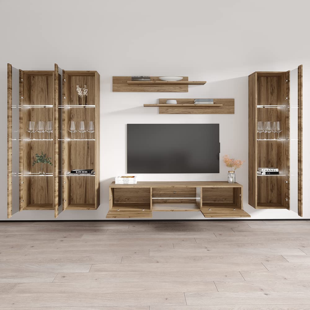 Modern Oak Wall-Mounted TV Stand with Storage Shelves & LED Lights - Floating Entertainment Center Console for Living Room & Bedroom - Perfect for 33-55