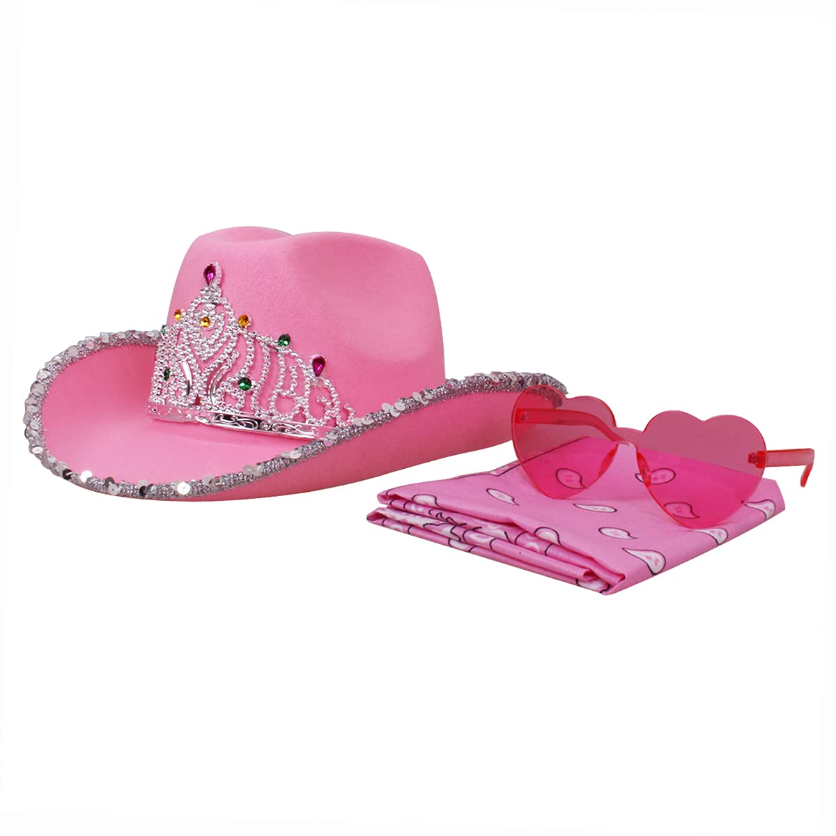 Pink Cowgirl Hat with Heart Glasses & Cotton Bandana - Western Cowboy Hat with Tiara Crown - Halloween Costume Accessories for Women & Girls - Perfect for Rodeo, Cosplay, Themed Parties & Country Music Festivals