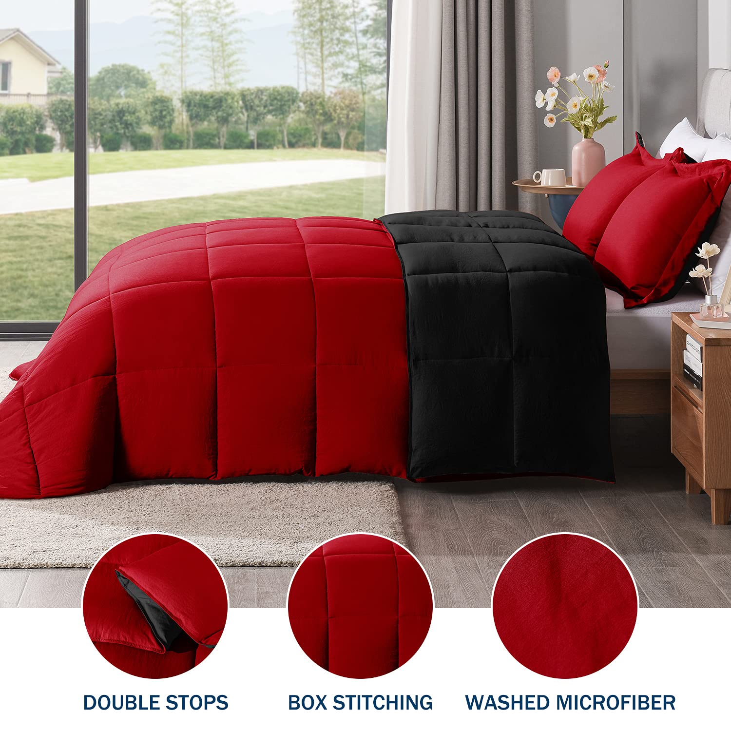 LOVTEX 3-Piece Queen Size Comforter Set - Ultra Soft Washed Microfiber Bedding, Reversible Black and Red Down Alternative Duvet Cover with 2 Pillow Shams - Perfect for Master Bedroom, Guest Room & Cozy Winter Nights (Red/Black)