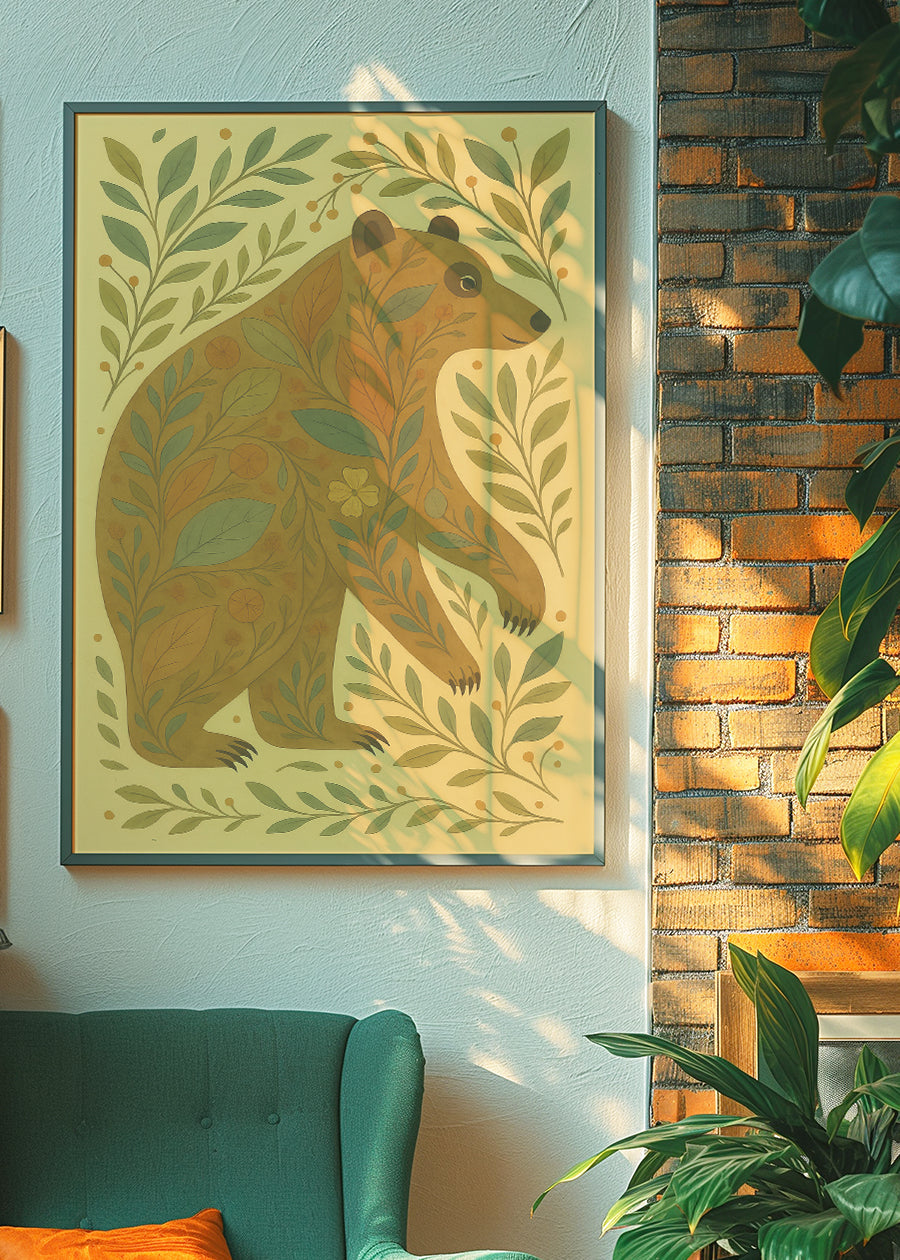 Bear and Leaves Folk Art Painting Print - Handmade Canvas Wall Decor for Living Room, Bedroom & Office
