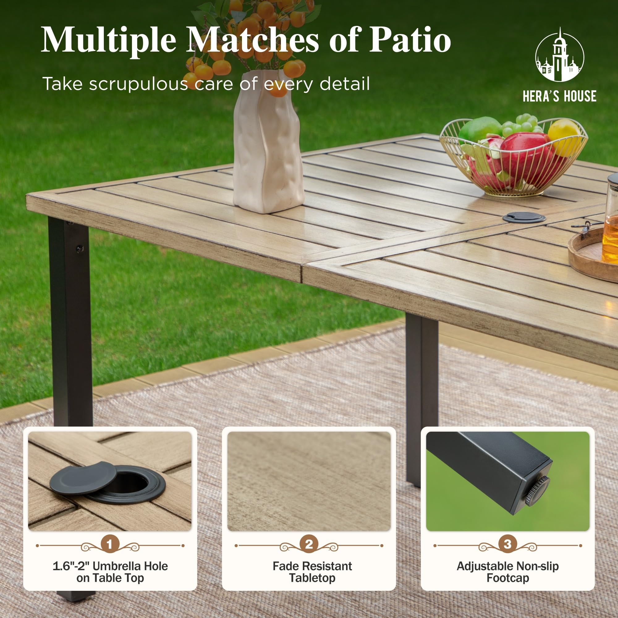 HERA'S HOUSE 6-Person Outdoor Dining Table - Rectangular Metal Patio Table with Umbrella Hole, Weather-Resistant Wood-Like Steel Slat Design for Garden, Backyard & Lawn (60