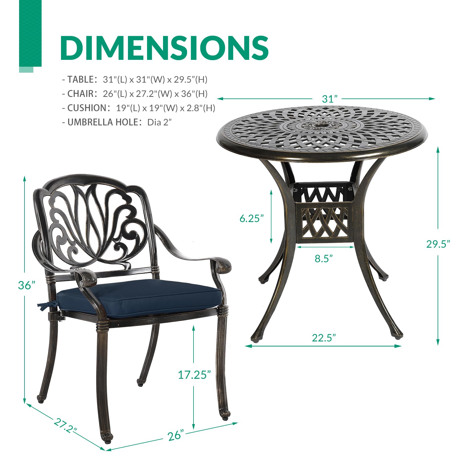 VIVIJASON 3-Piece Outdoor Dining Set - All-Weather Cast Aluminum Patio Bistro Set with 2 Chairs, 2 Navy Blue Cushions & 31