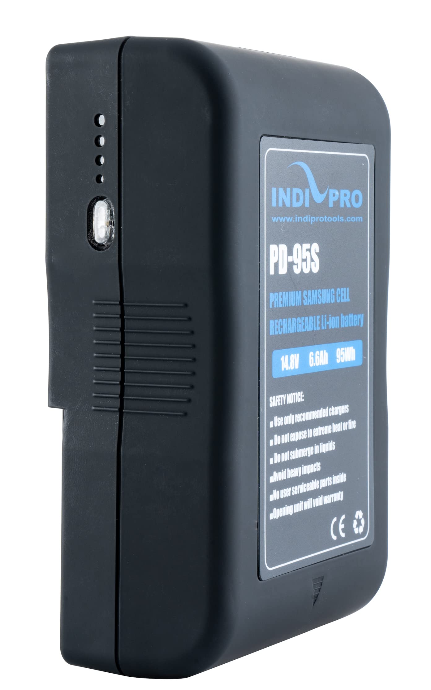IndiPRO Compact Series 95Wh 14.8V V-Mount Lithium-Ion Battery - 10A Continuous Output with D-Tap - 4-LED Power Indicator - Professional Power Solution for Sony, Canon, Blackmagic Cameras & LED Lights - Perfect for Film Production, Live Streaming & Photography