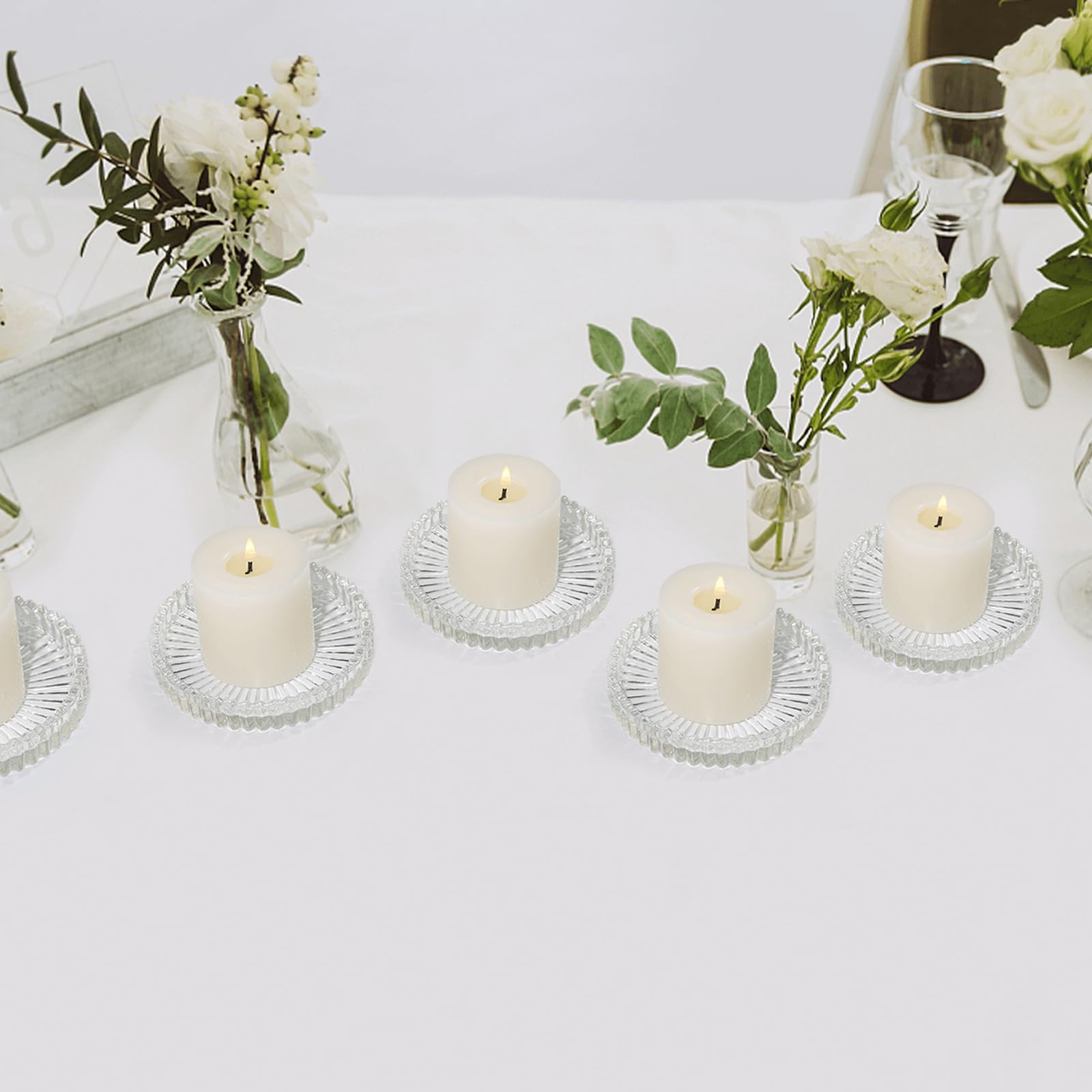 Clear Glass Pillar Candle Holders - Set of 6 (4 Inch) for Wedding Centerpieces, Party Decor, Holiday Table Settings & Home Decoration - Elegant Candle Plates for Romantic Dinners, Christmas Decorations & Special Events