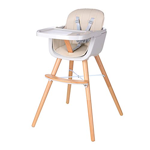 Foho 3-in-1 Convertible Wooden High Chair for Babies & Toddlers - Adjustable Height, Removable Tray & Cushion - Safe & Comfortable Feeding Chair (Beige) | Ideal for Dining, Weaning & Playtime at Home