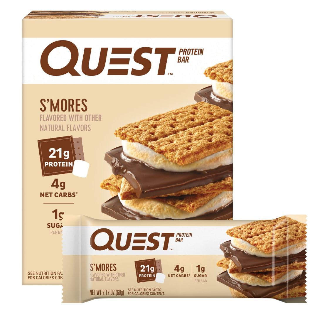 Quest Nutrition S'mores Protein Bar - 31g Protein, 4g Net Carbs, 1g Sugar, Gluten Free, Keto Friendly (Pack of 4) | High Protein Snack for Weight Loss, Muscle Building & On-the-Go Energy