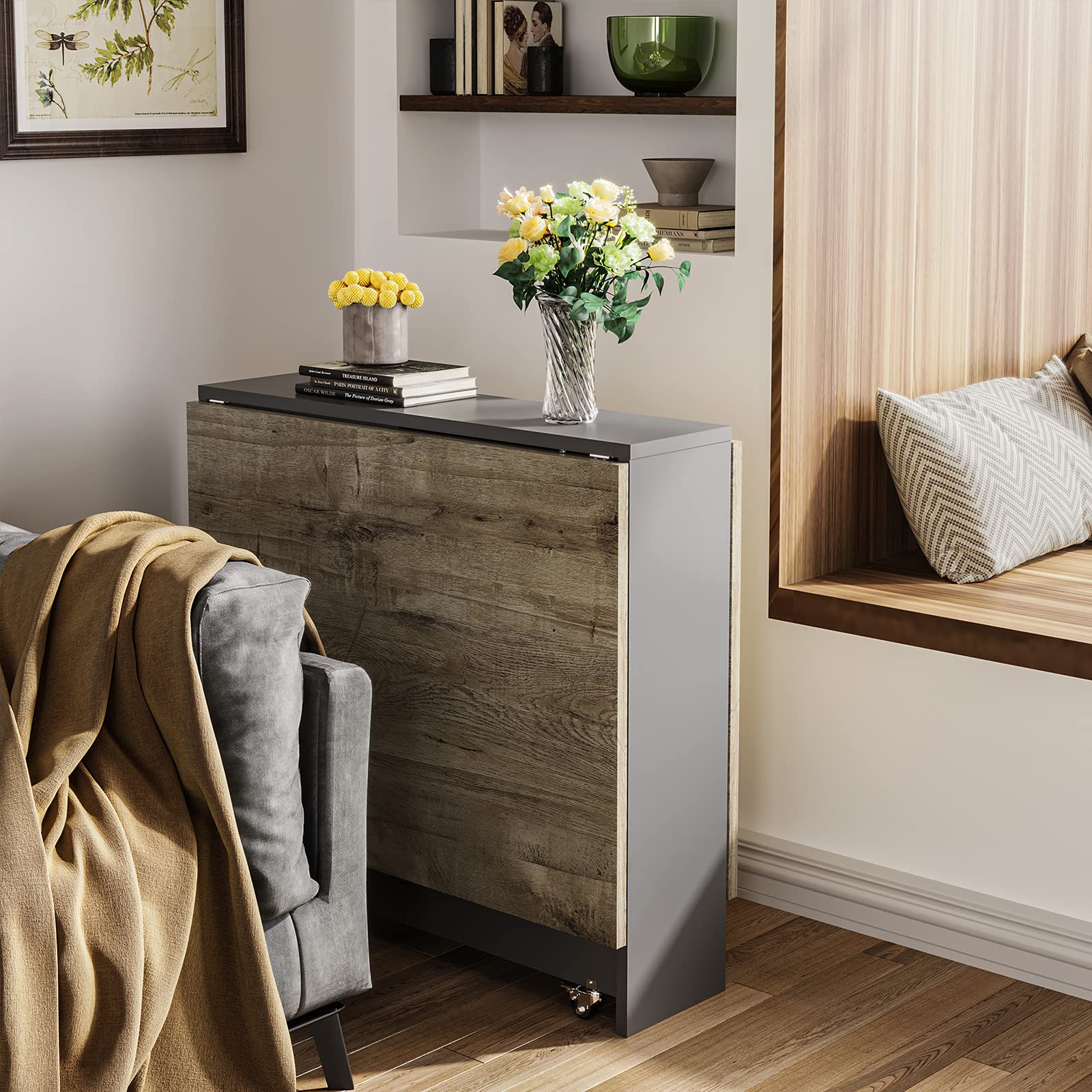 Optimized Tiptiper Folding Dining Table, Drop Leaf with 6 Wheels and 2-Layer Storage, Ideal for Small Spaces, Chestnut and Gray, Perfect for Apartments and Studios