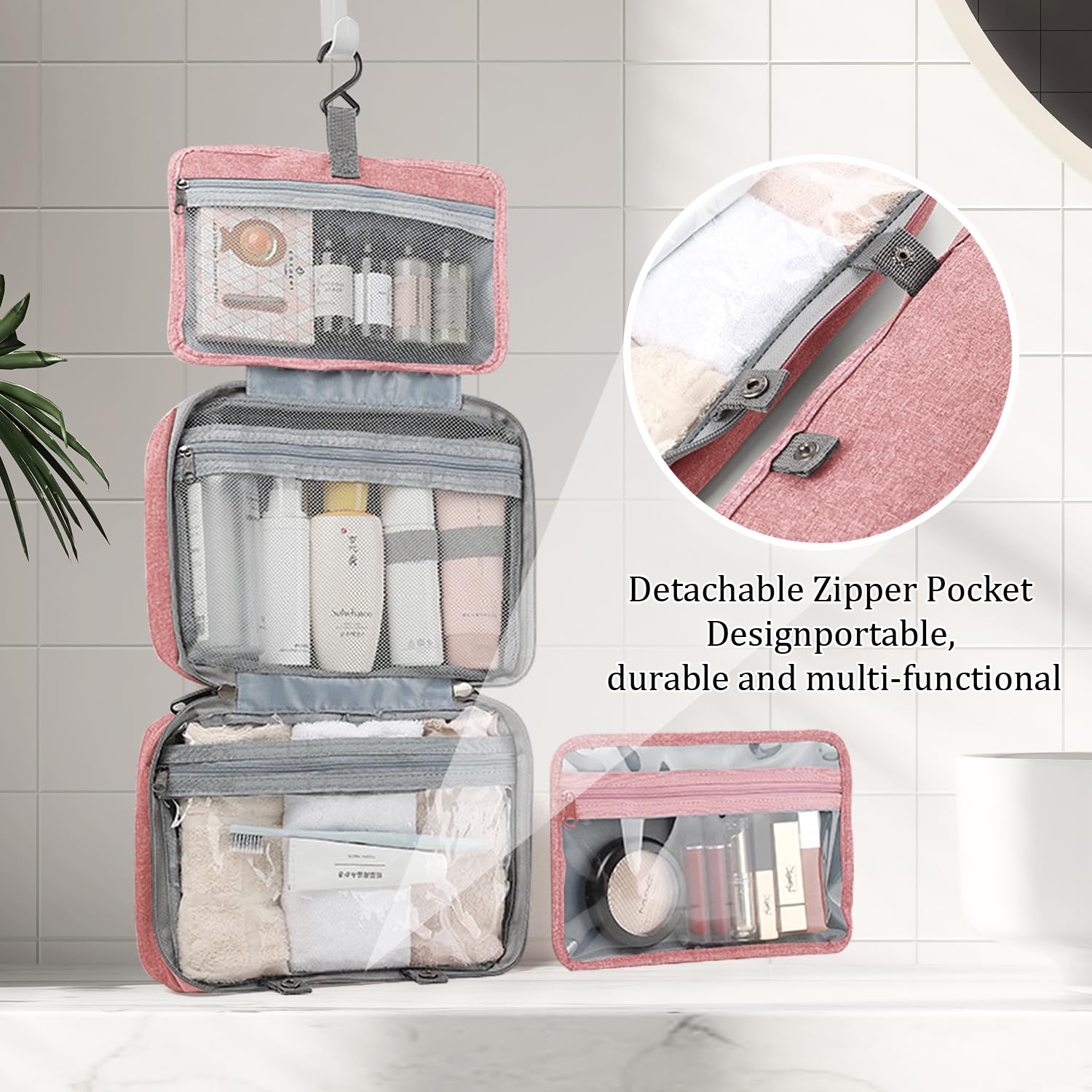 BVRKB Hanging Toiletry Bag for Travel - Waterproof Portable Cosmetic Organizer with Detachable Hook for Men & Women - Perfect for Shower, Bathroom, Camping & Gym Essentials (Pink)