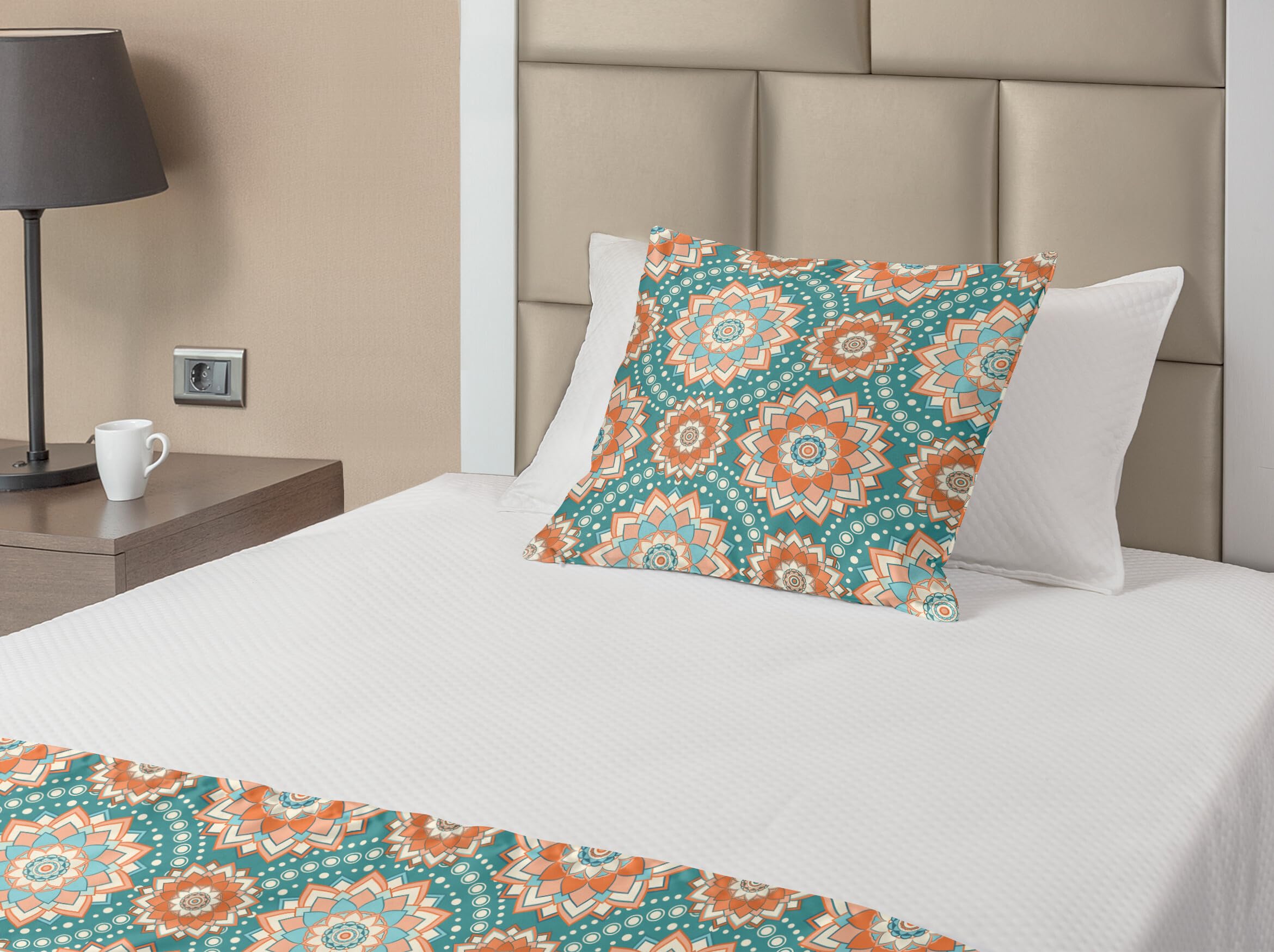 Ambesonne Lotus Bed Runner Set - Bohemian Mandala Floral Design, Decorative Bedding Scarf & Pillow Sham for Twin Beds in Pale Blue Beige Peach | Perfect for Hotels, Home Decor & Bohemian Style Bedrooms