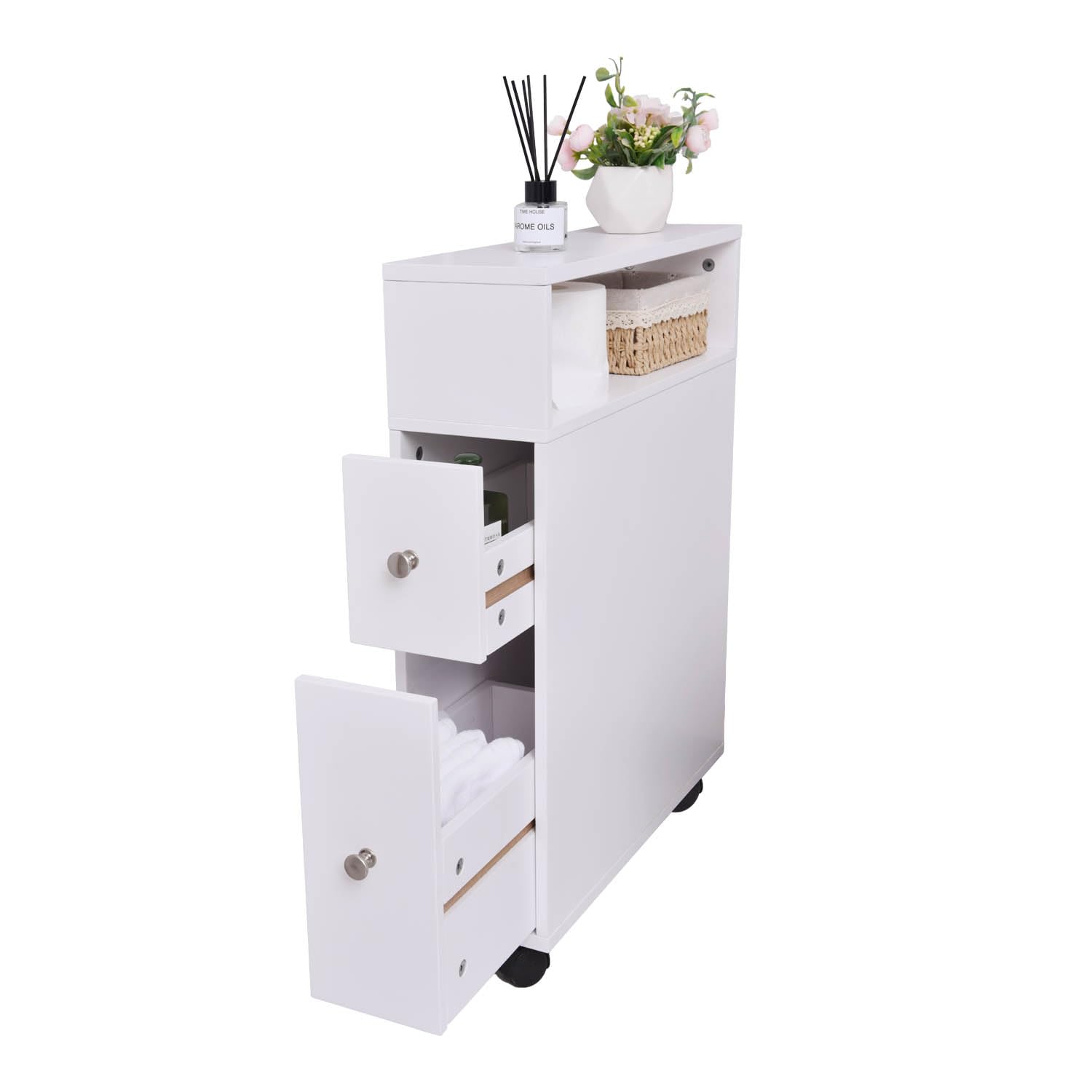 Space-Saving Bathroom Storage Cabinet with Slide-Out Drawers - Narrow Toilet Paper Holder & Bathroom Organizer for Small Spaces - Perfect for Compact Bathrooms, Powder Rooms & Apartment Living
