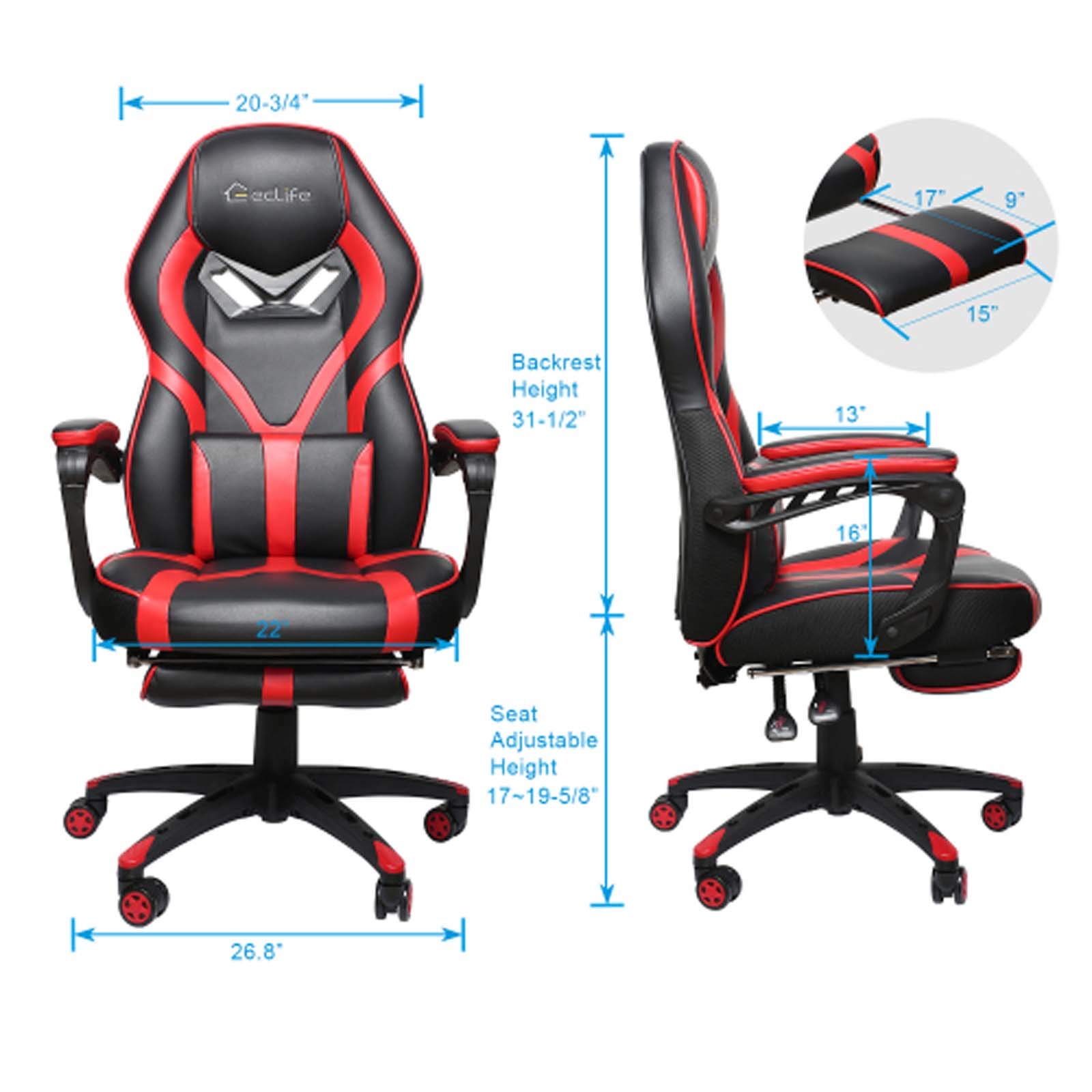 MYTUNES High Back Ergonomic Gaming Chair with Massage & Footrest - Racing Style Swivel Office Computer Chair for Home & Work (Red) - Perfect for Gaming, Working, and Relaxing