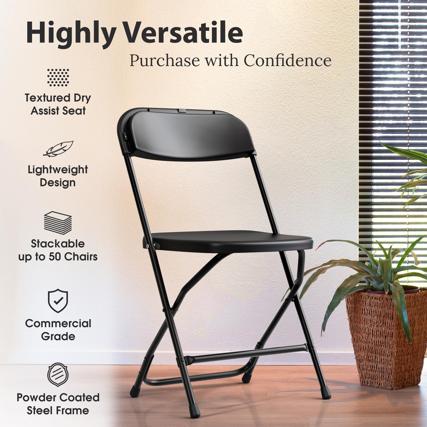 9 Pack Black Plastic Folding Chairs - Heavy Duty 300 lbs Capacity Steel Frame, Stackable for Space Saving - Ideal for Indoor/Outdoor, Weddings, Parties, Picnics, Dining & Commercial Events