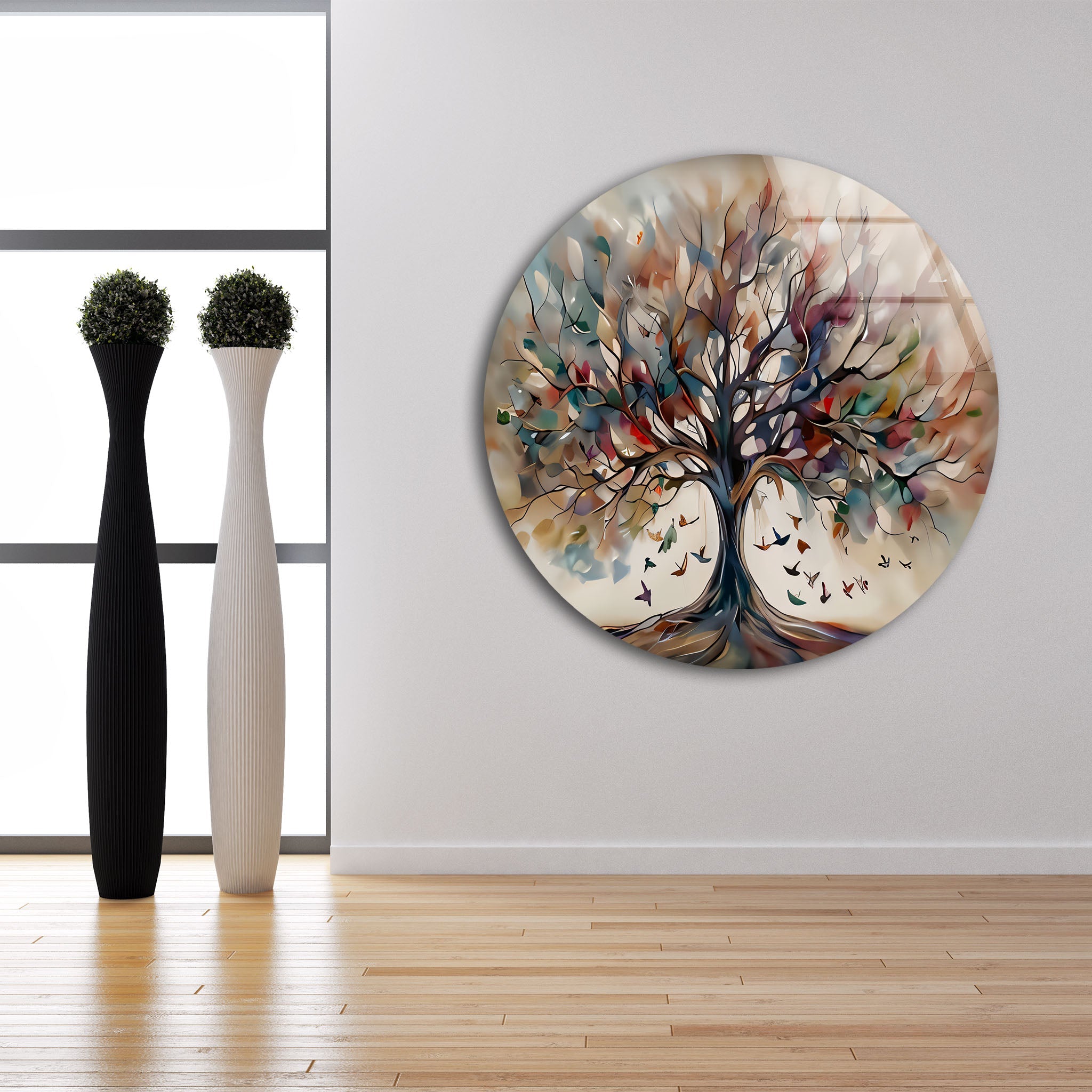 Beige Tree Glass Wall Art - Elegant Home Decor for Living Room, Bedroom & Office - Perfect for Modern & Boho Interiors