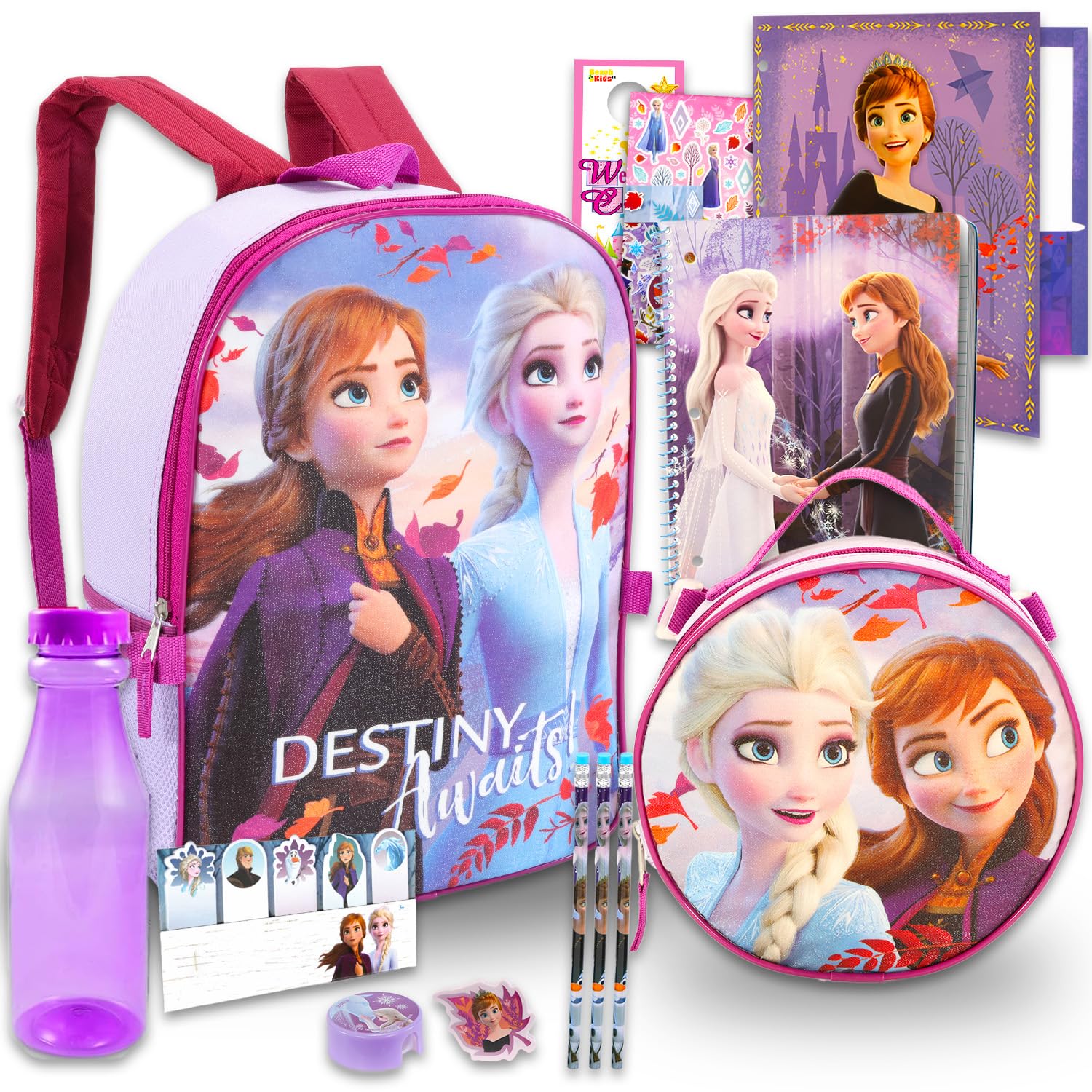 Disney Frozen Backpack and Lunch Bag Set for Girls - School Supplies Bundle with Insulated Lunch Box, Water Bottle, Notebook & Stationery | Perfect for School, Travel & Outdoor Activities