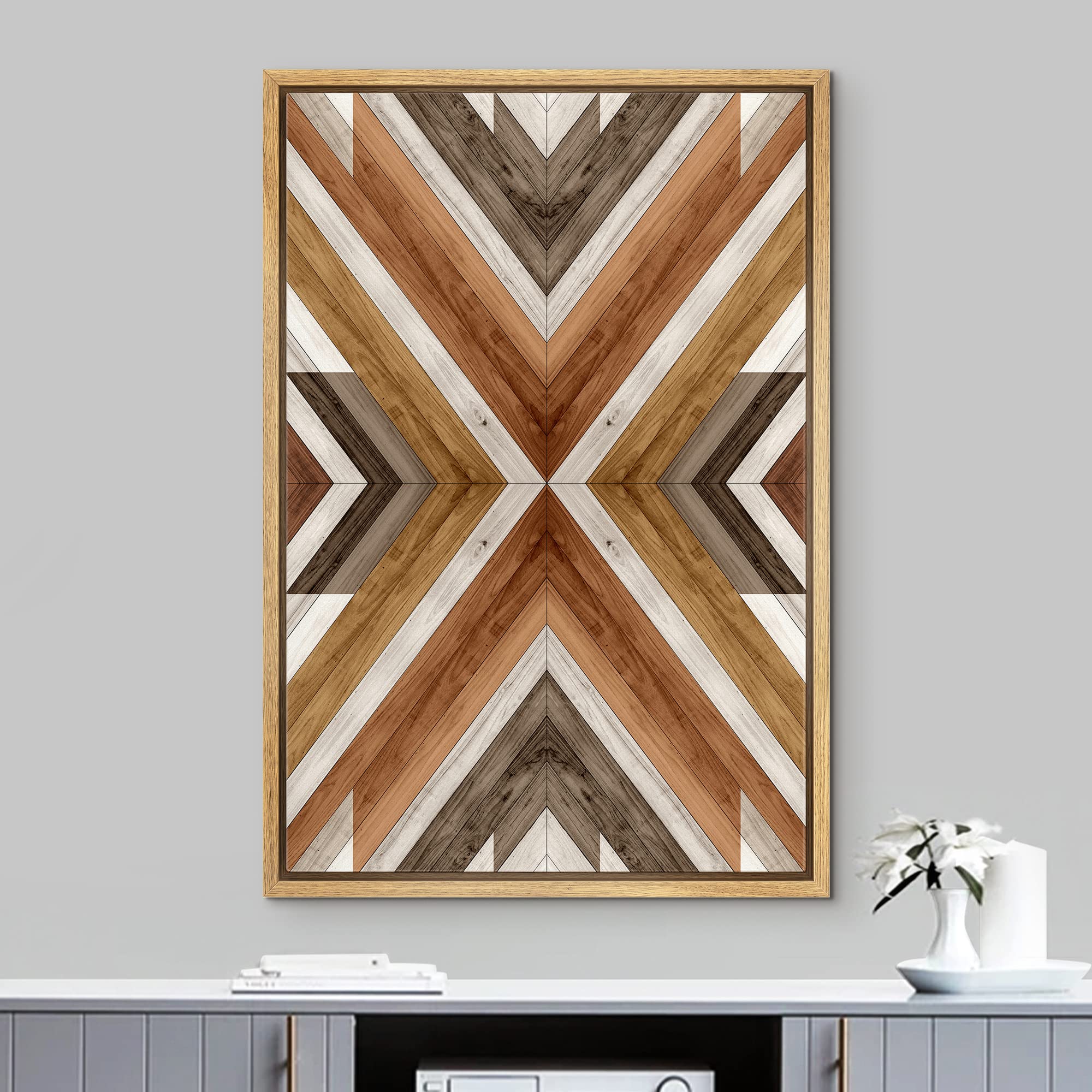 IDEA4WALL Framed Canvas Print - Western Tribal Wood Panel Art, Abstract Landscape with Nordic Minimalist Boho Design, 16