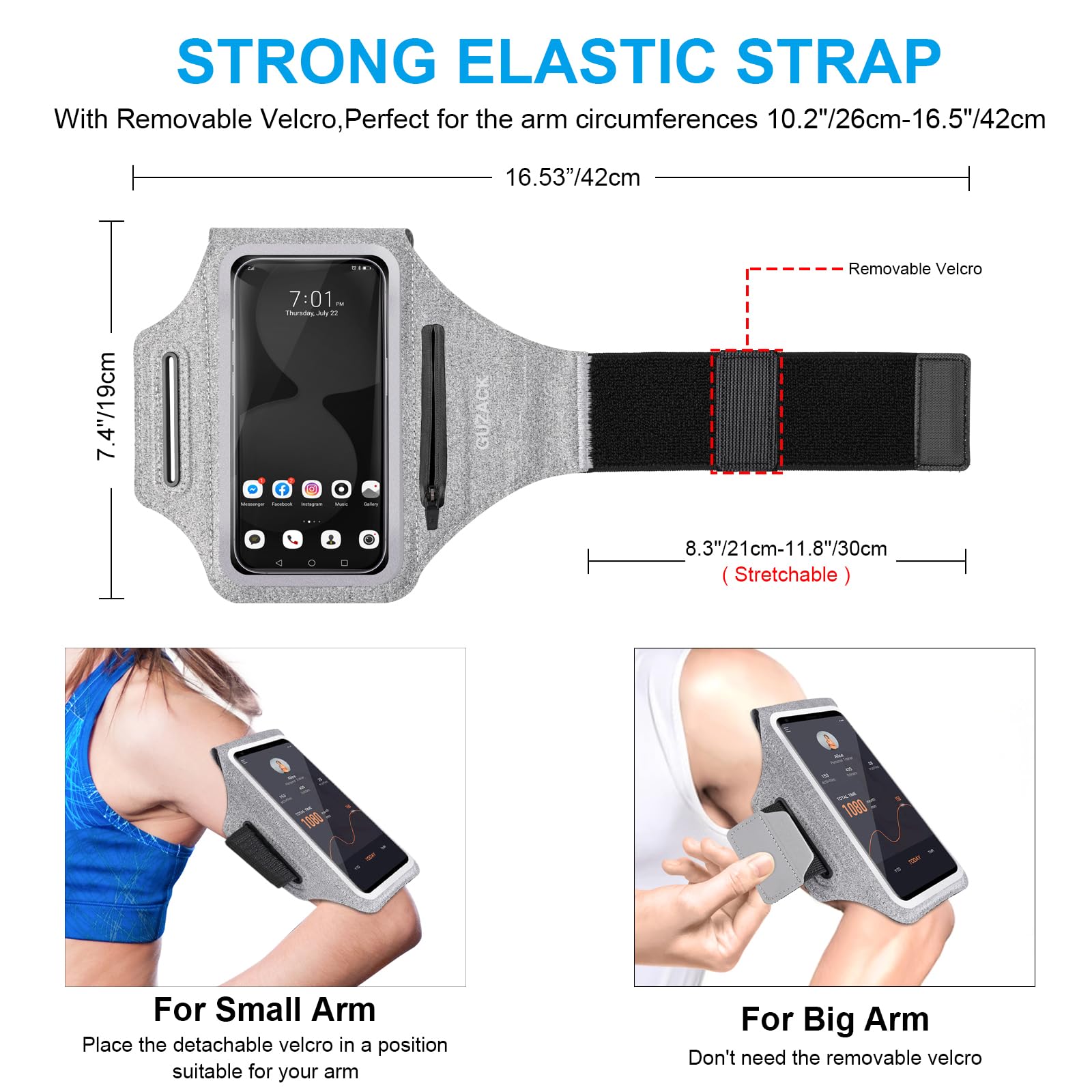 GUZACK Running Armband with Zipper Pouch - Phone Holder for iPhone 16 Pro/15/14/13/12/11 Pro Max & Galaxy S24/S23/S22 - Key Pocket & Card Slot - Lightweight Sports Accessory for Jogging, Gym Workouts & Outdoor Activities (Gray, Medium)
