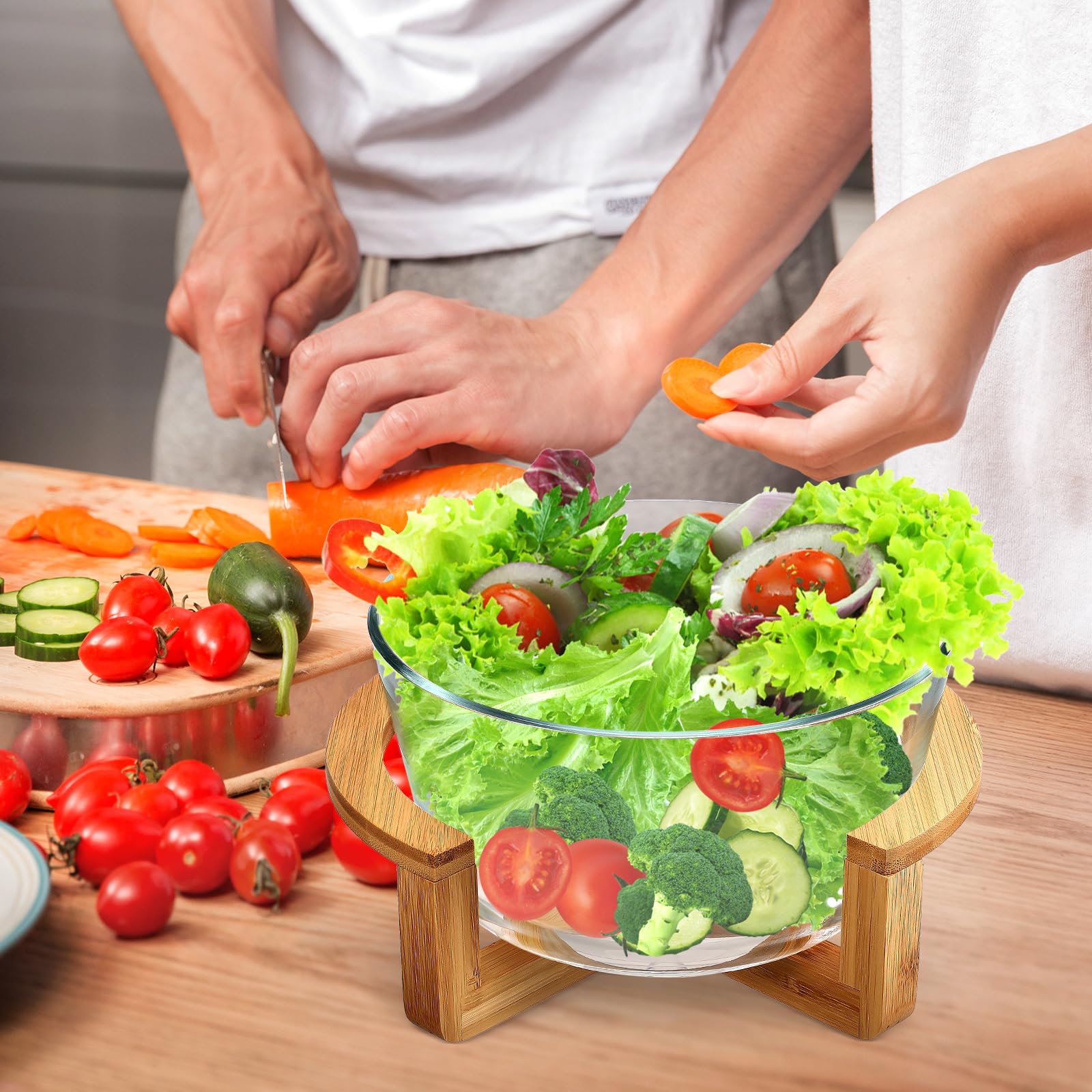 HEMOTON 2500ml Glass Salad Bowl with Wood Stand - Kitchen & Party Serving