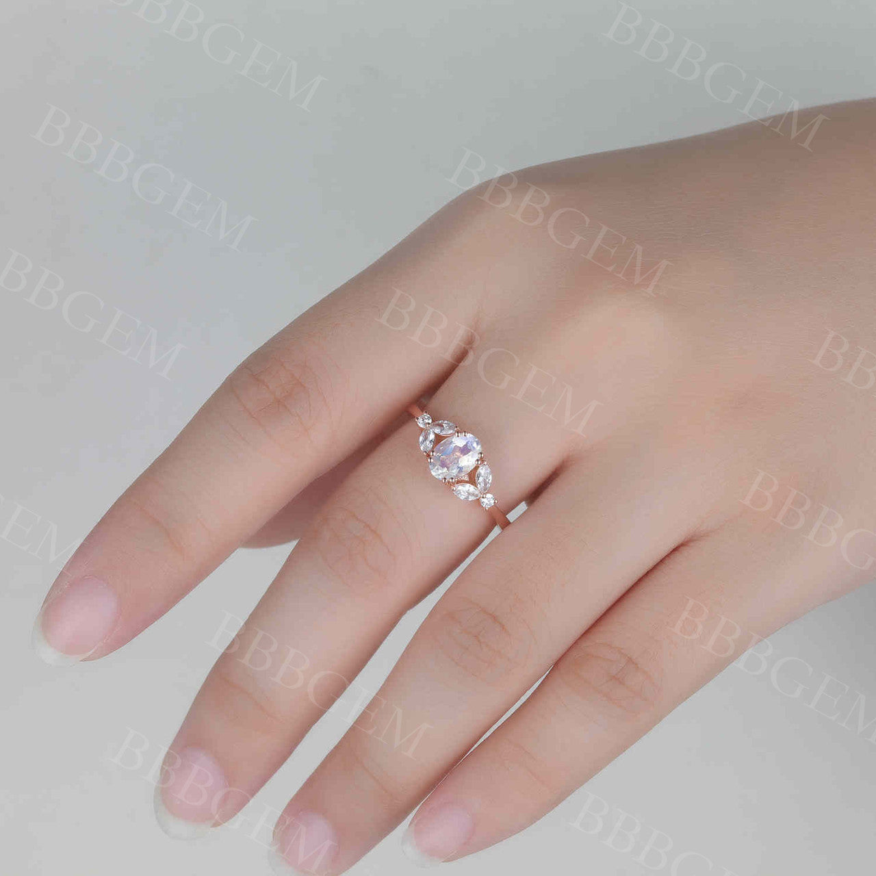 Art Deco Style Marquise Cut Moissanite Engagement Ring with Verbenas & Moonstone Accents – Vintage Inspired Jewelry for Weddings, Anniversaries & Special Occasions