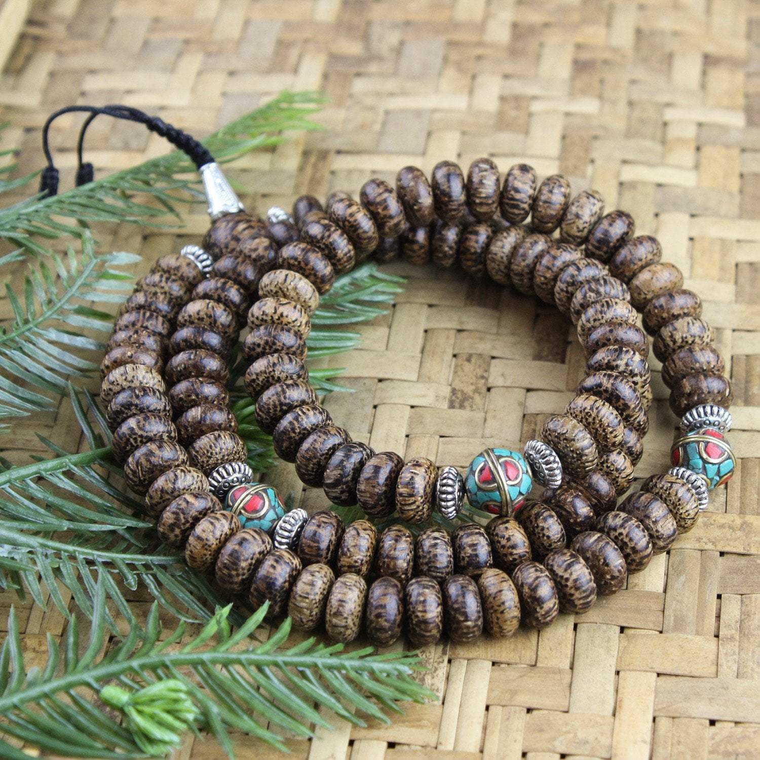 Handmade Grounding Palm Wood & Vintage Bead Mala Necklace - Meditation, Yoga & Spiritual Healing Accessory for Stress Relief & Mindfulness Practice