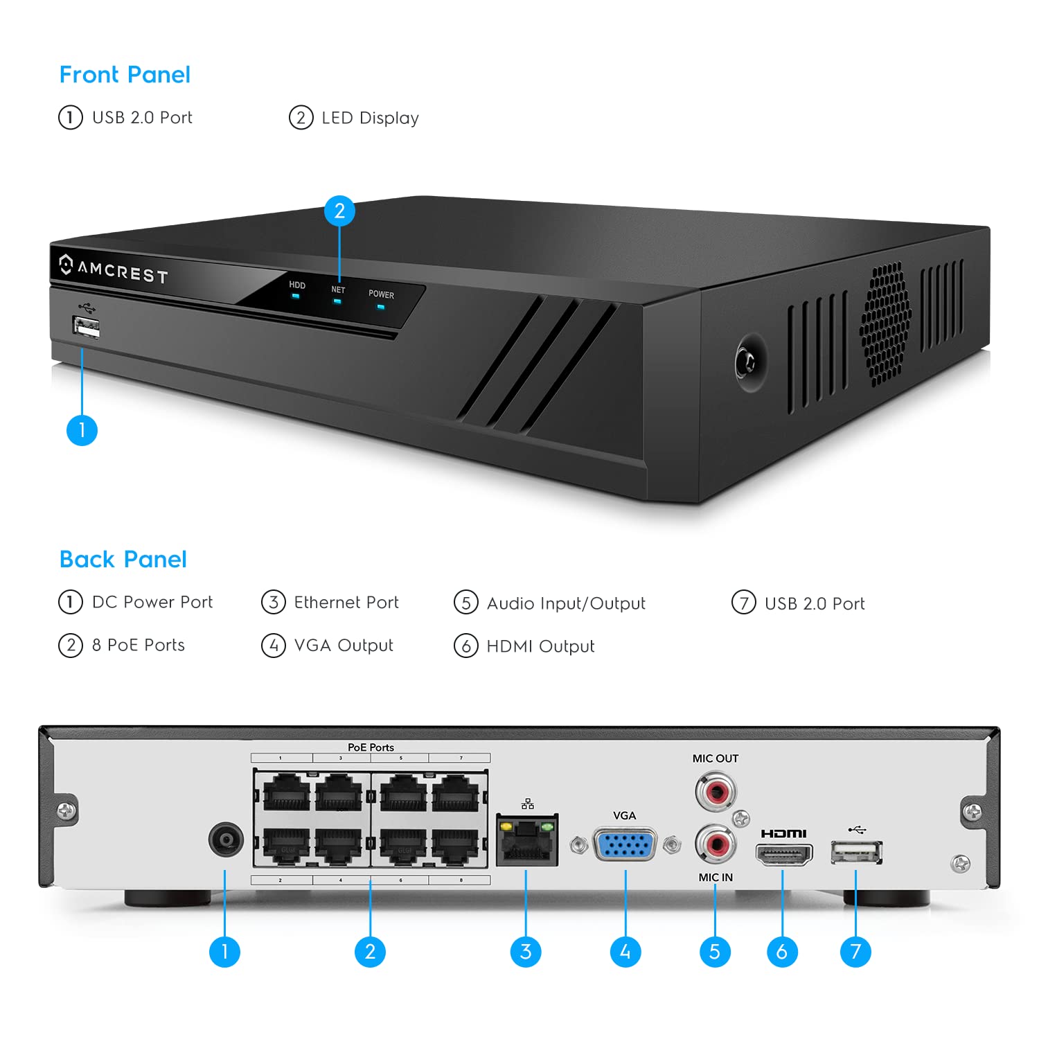 Amcrest NV4108E-A2 8CH 4K POE NVR Security System - 8MP/4K IP Camera Support, 10TB HDD Capacity (HDD Not Included) | Home & Business Surveillance Solution