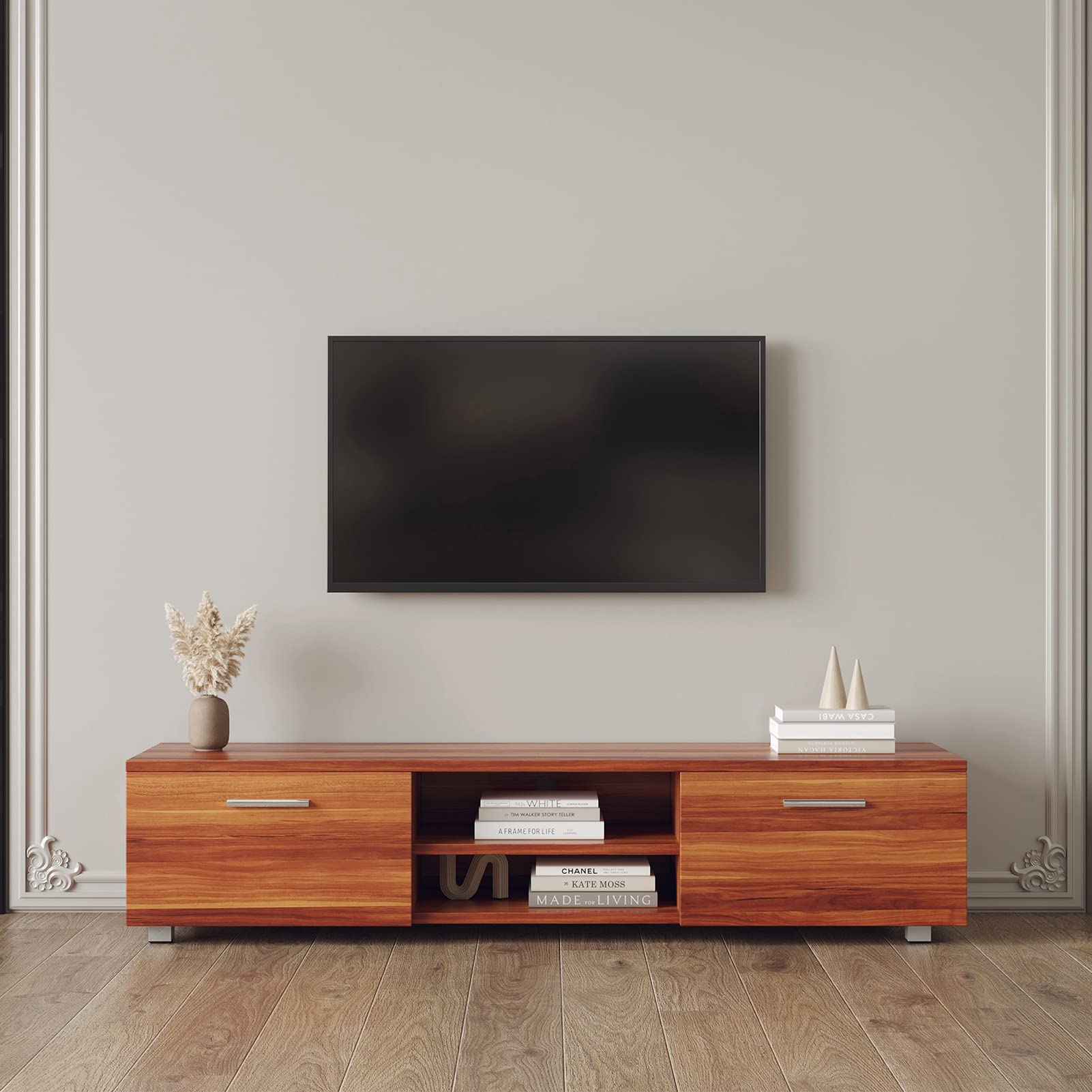 LZQpeARL Walnut TV Stand for 70 Inch TVs - Modern Media Console Entertainment Center with 2 Storage Cabinets & Open Shelves - Perfect for Living Room, Bedroom, Home Theater & Office Setup