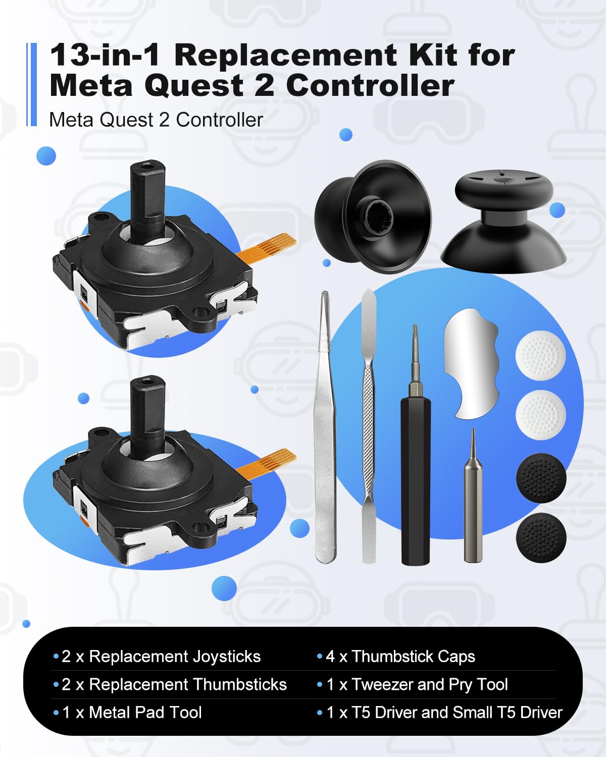 Oculus Quest 2 Controller Joystick Replacement Kit - 13-in-1 Accessories Set for Meta Quest 2 & Oculus Quest 2 (White) - Perfect for VR Gaming Repairs & Controller Maintenance