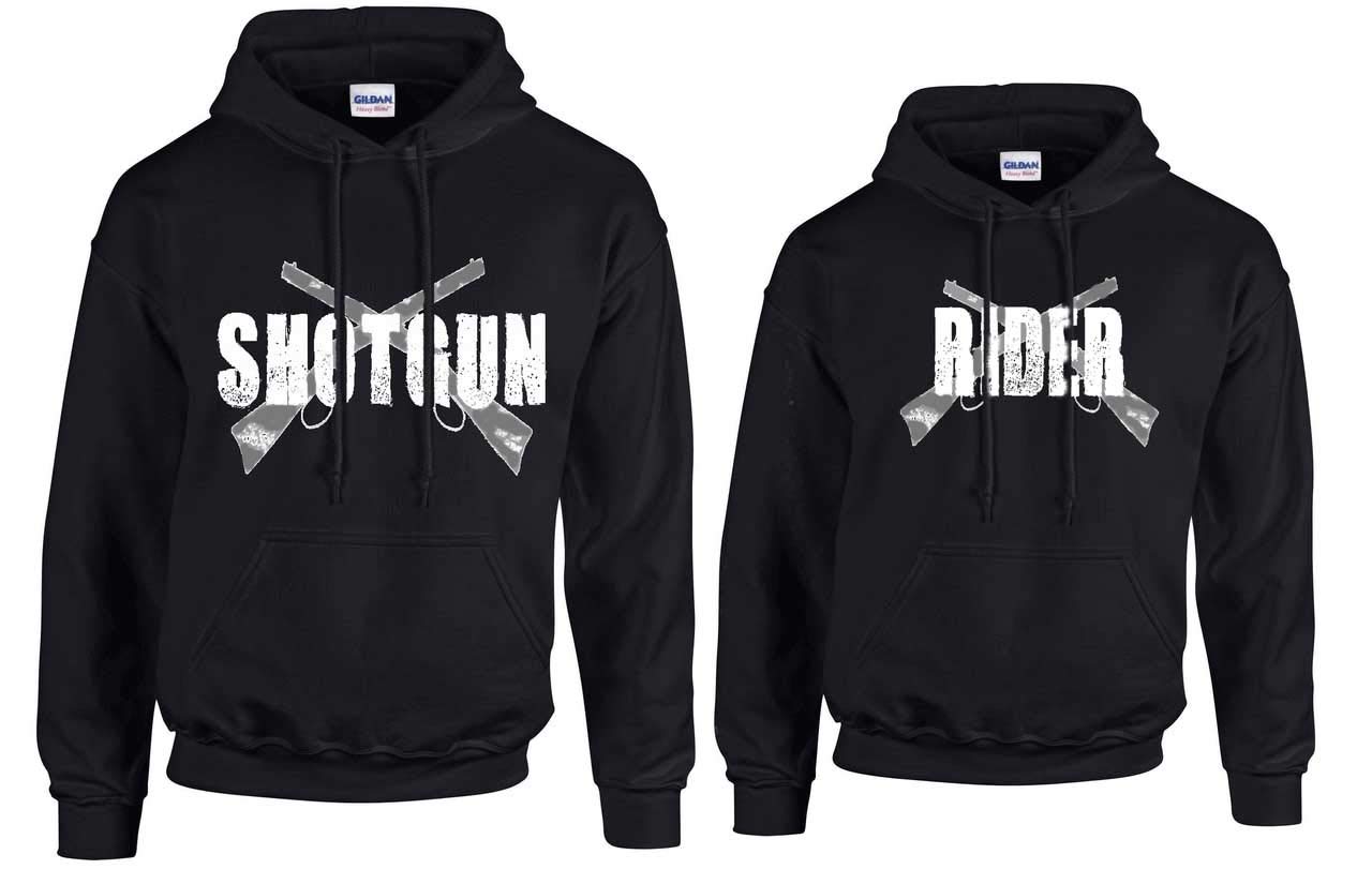 His and Hers Matching Hoodies for Couples - Shotgun Rider Design (His 2XL & Her XL) - Black Cotton Pullover - Perfect for Date Nights, Road Trips, and Motorcycle Rides
