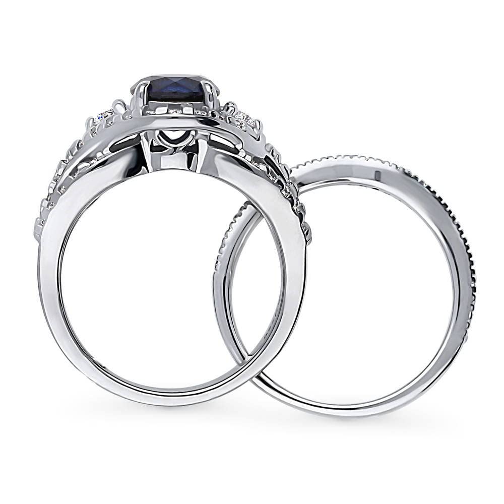 BERRICLE Sterling Silver 3-Stone Wedding & Engagement Ring Set - 1.25ct Simulated Blue Sapphire Round Cut Cubic Zirconia CZ Wishbone Ring for Women, Rhodium Plated (Size 4-10) - Perfect for Proposals, Anniversaries & Special Occasions