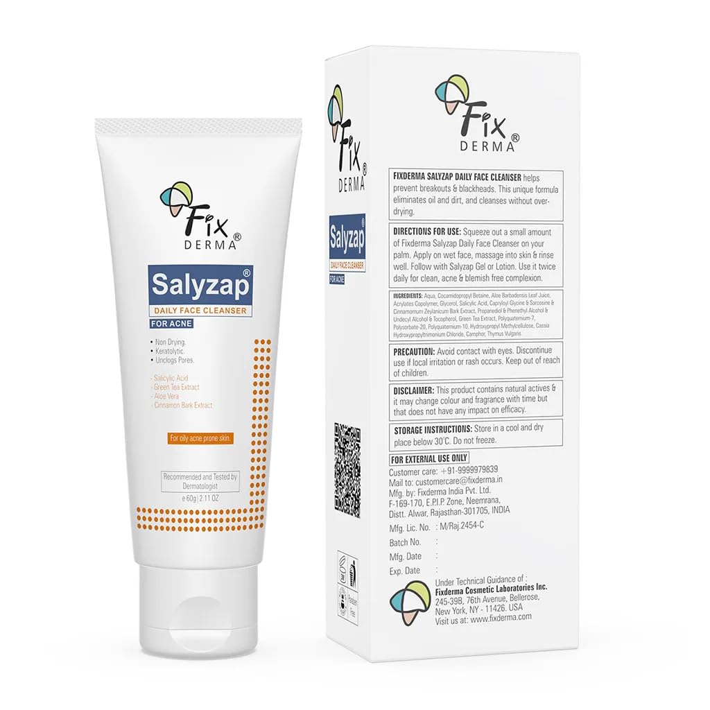 Fixderma 2% Salicylic Acid Face Wash for Oily & Acne-Prone Skin | Sulfate-Free Cleanser for Men & Women | Gentle Daily Face Wash to Treat Acne, Pimples & Blackheads - 60ml | Perfect for Morning & Night Skincare Routine