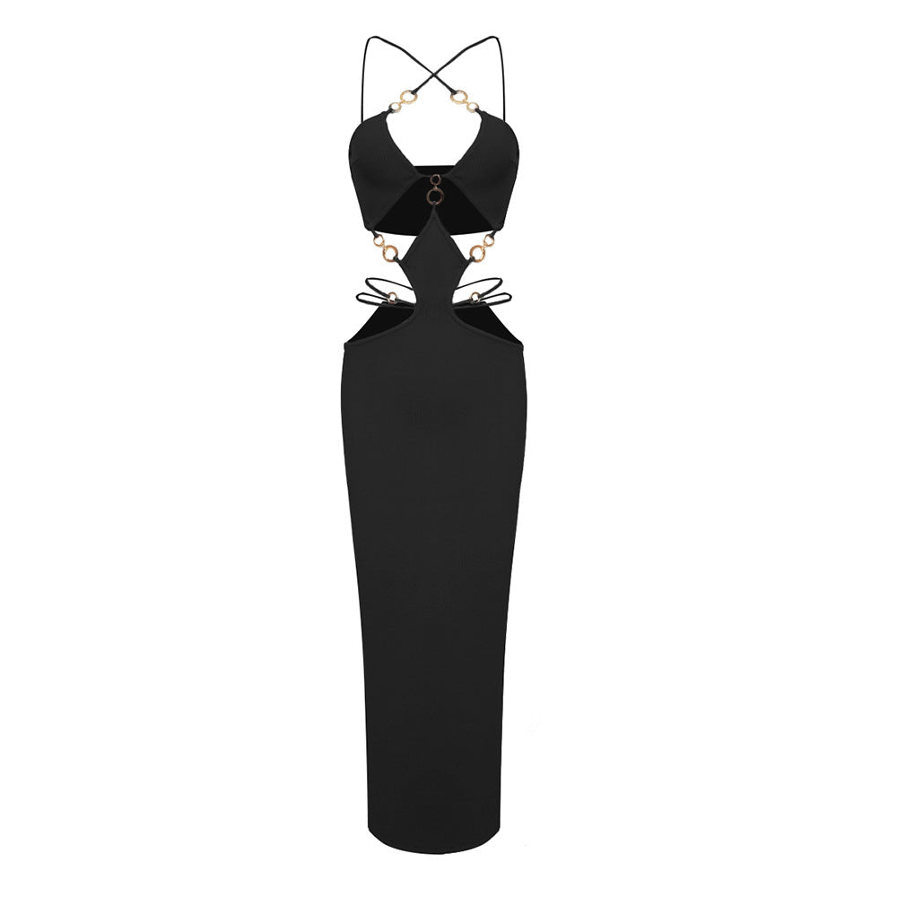 LOVEVOP Black Metal Ring Neck Bandage Dress - Sexy Women's Suspender Skirt | 2023 Fall High-End Fashion | Perfect for Night Out, Club Wear & Date Night Outfits