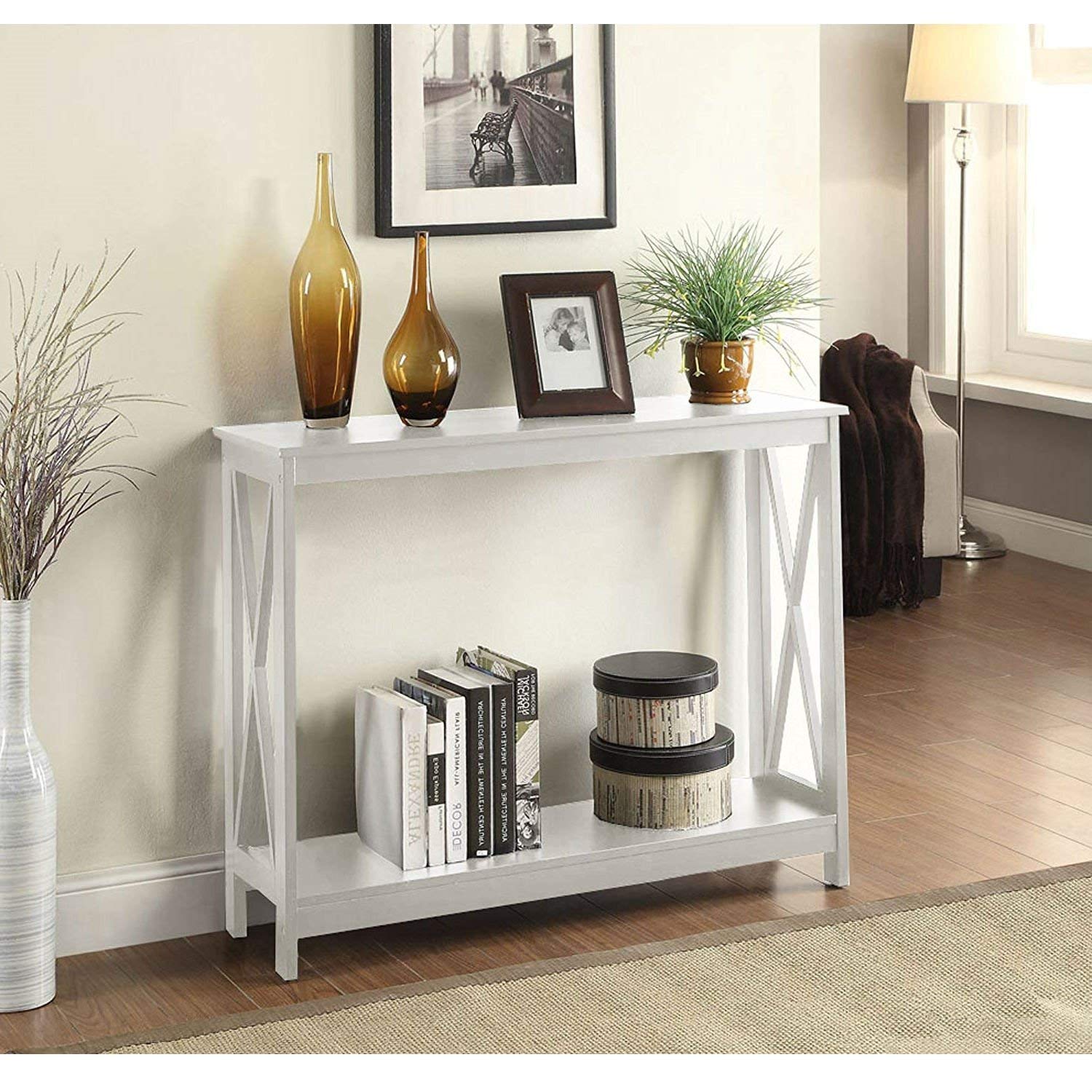 White Wood Console Sofa Table with Bottom Storage Shelf - Modern Entryway Table for Living Room, Hallway & Home Decor - Perfect for Displaying Decor, Storing Essentials & Organizing Small Spaces