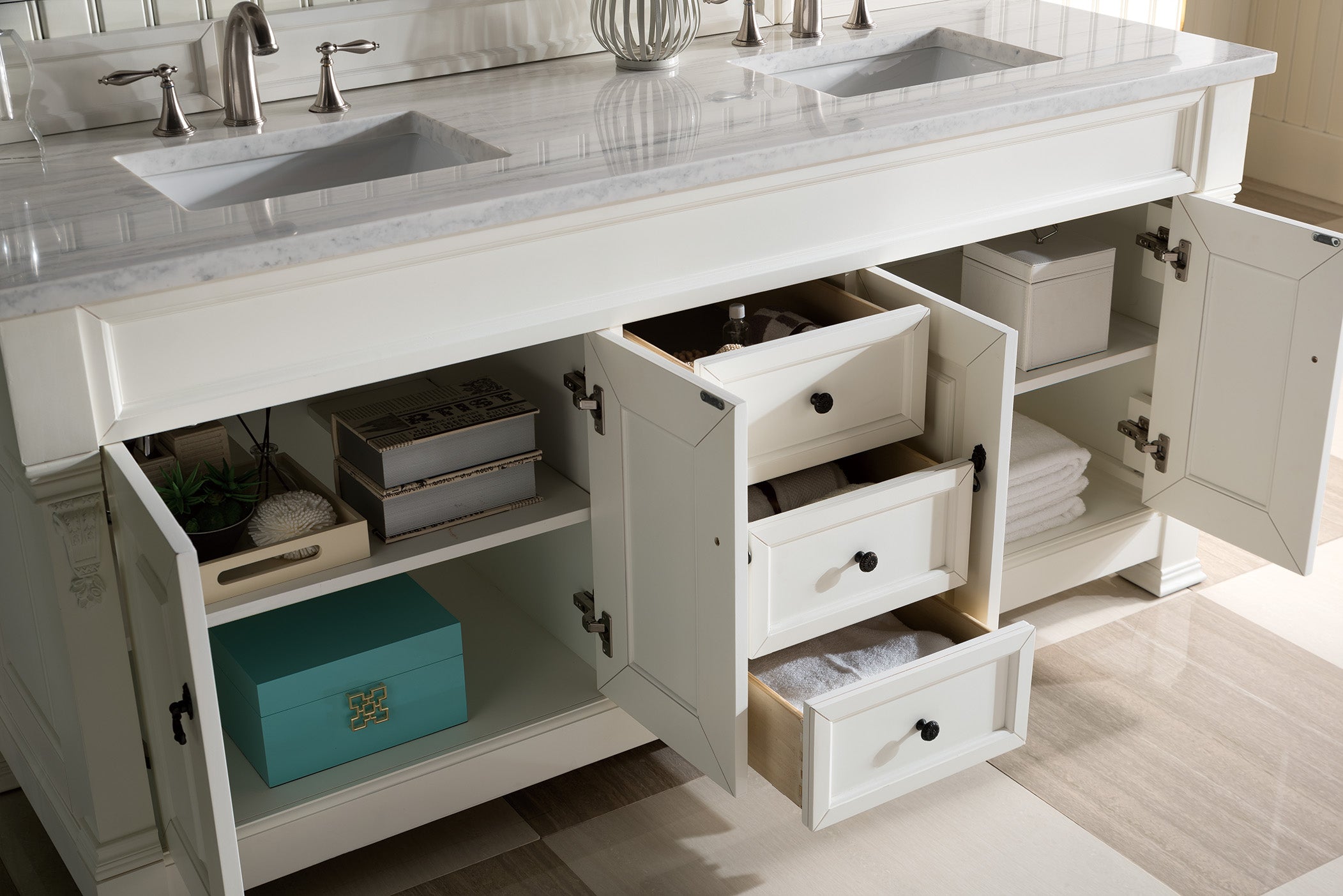 Brookfield 72 Inch Double Bathroom Vanity with Bright White Finish and 3CM Arctic Fall Solid Surface Top - Perfect for Master Bathrooms and Modern Home Renovations